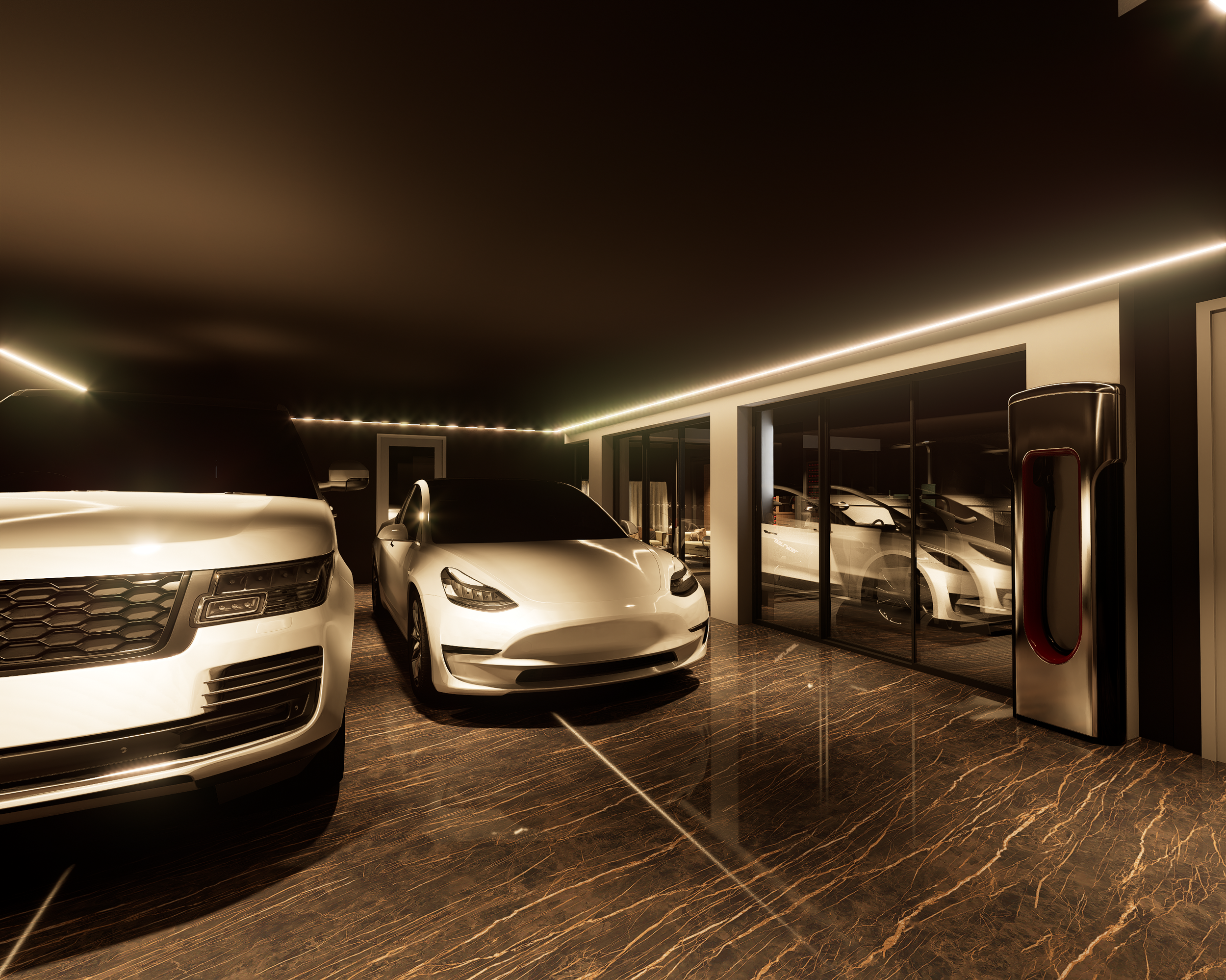 Rénovation haut de gamme d'une villa à Chelles avec voiture blanche garée dans un garage moderne avec un sol en marbre foncé. Agencement sur mesures