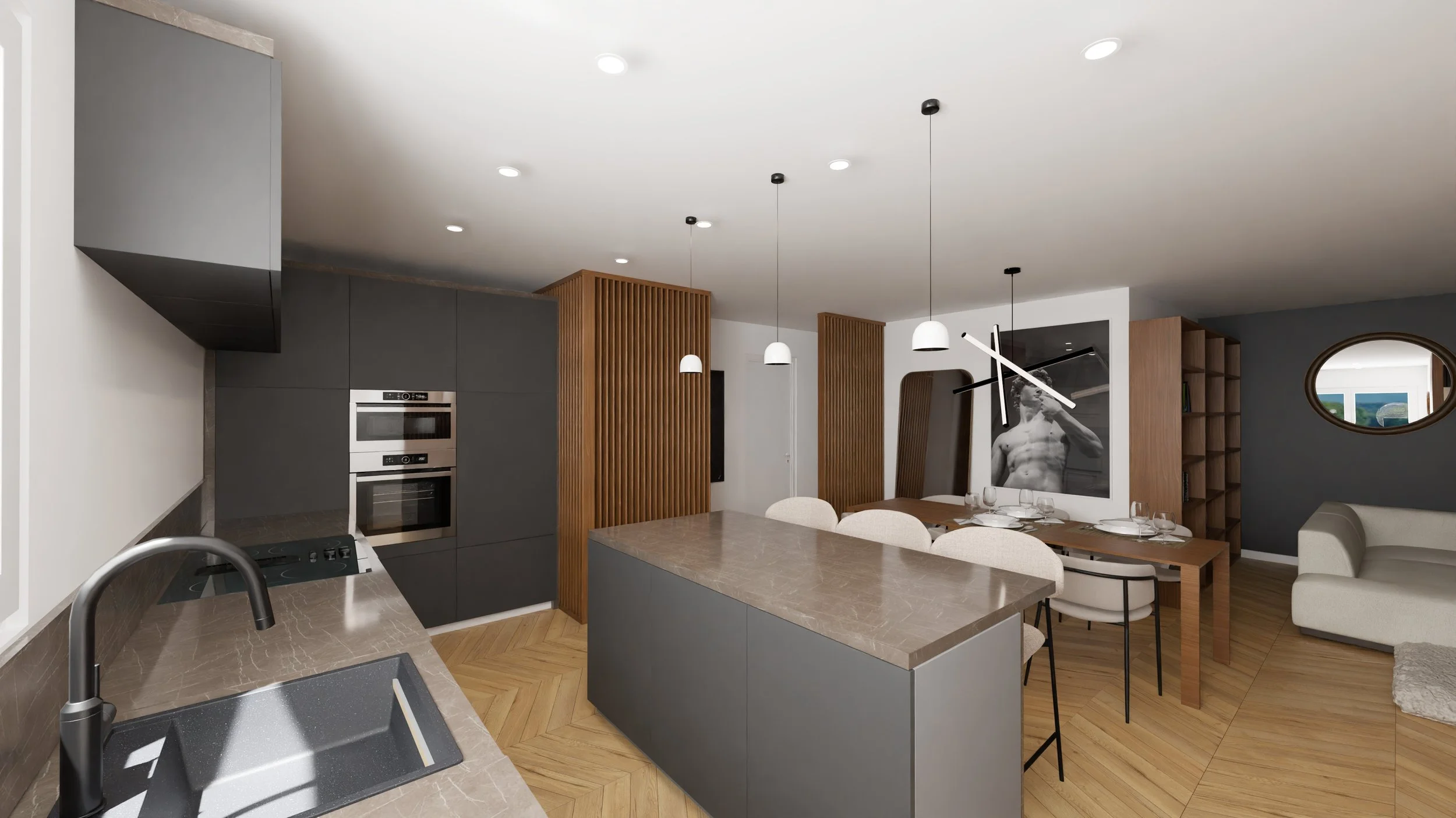 Rénovation haut de gamme d'un appartement avec cuisine moderne avec une table à manger et des chaises, décoration minimaliste, œuvres d'art, étagère en bois avec des livres, éclairage suspendu moderne. Agencement sur mesures.