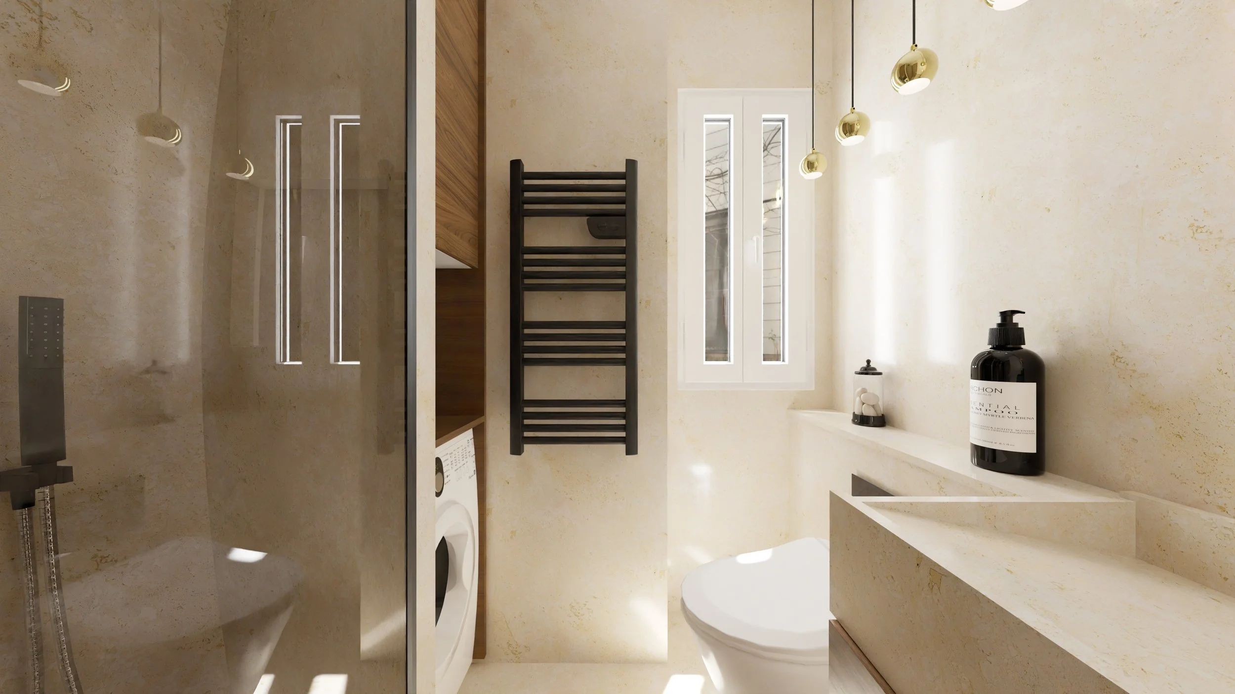 Rénovation haut de gamme d'un appartement dans Paris 12 avec salle de bain avec murs beige, grande fenêtre, robinet, bouteille de savon noire, radiateur mural noir, machine à laver, étagère en bois, miroir, et WC. Agencement sur mesures