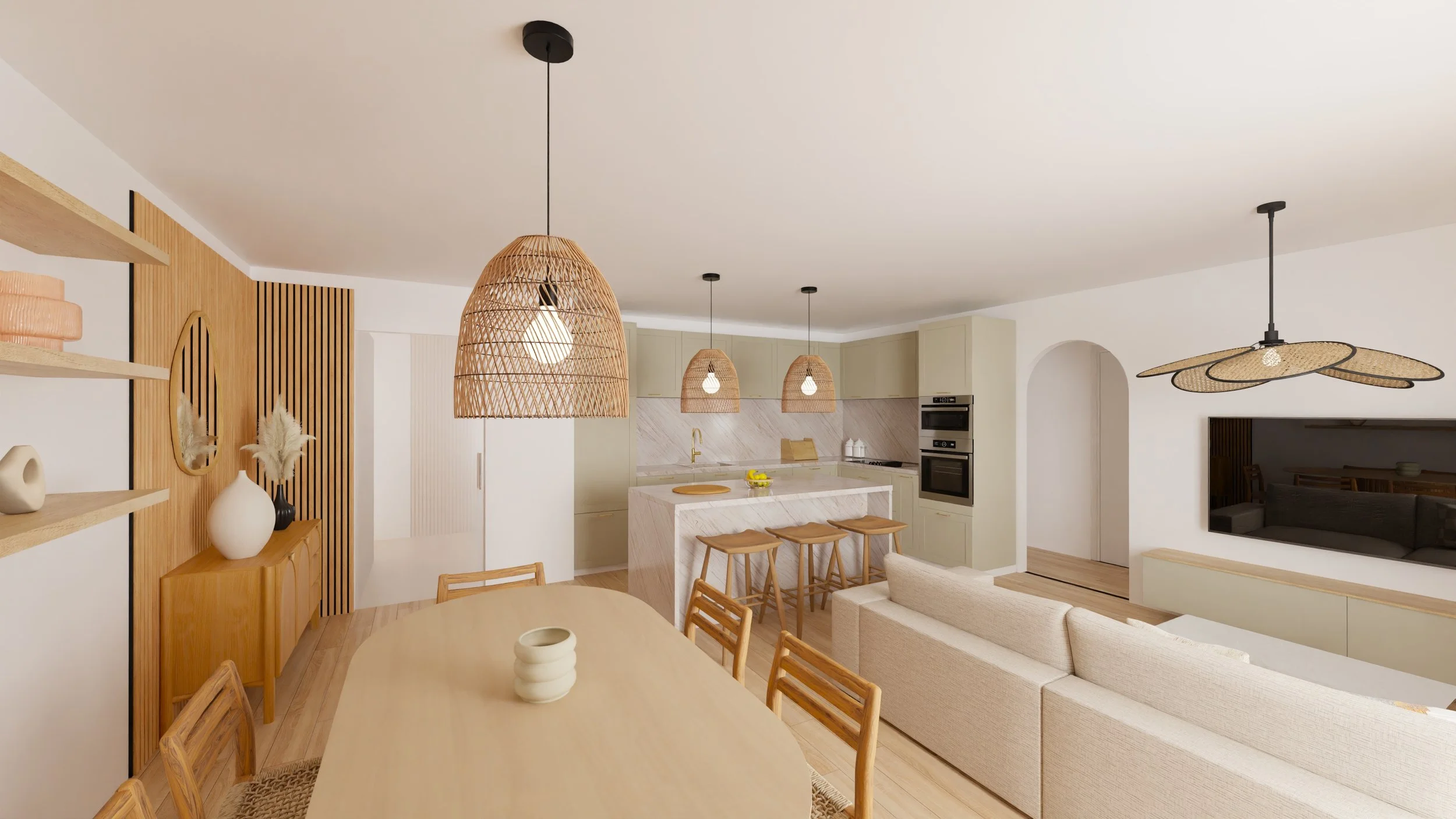 Intérieur d'une cuisine moderne en style naturel avec îlot en marbre, lampes suspendues en osier, meubles beiges, espace salle à manger avec un grand table en bois et chaises en bois, et espace salon visible avec télévision. décoration minimaliste av