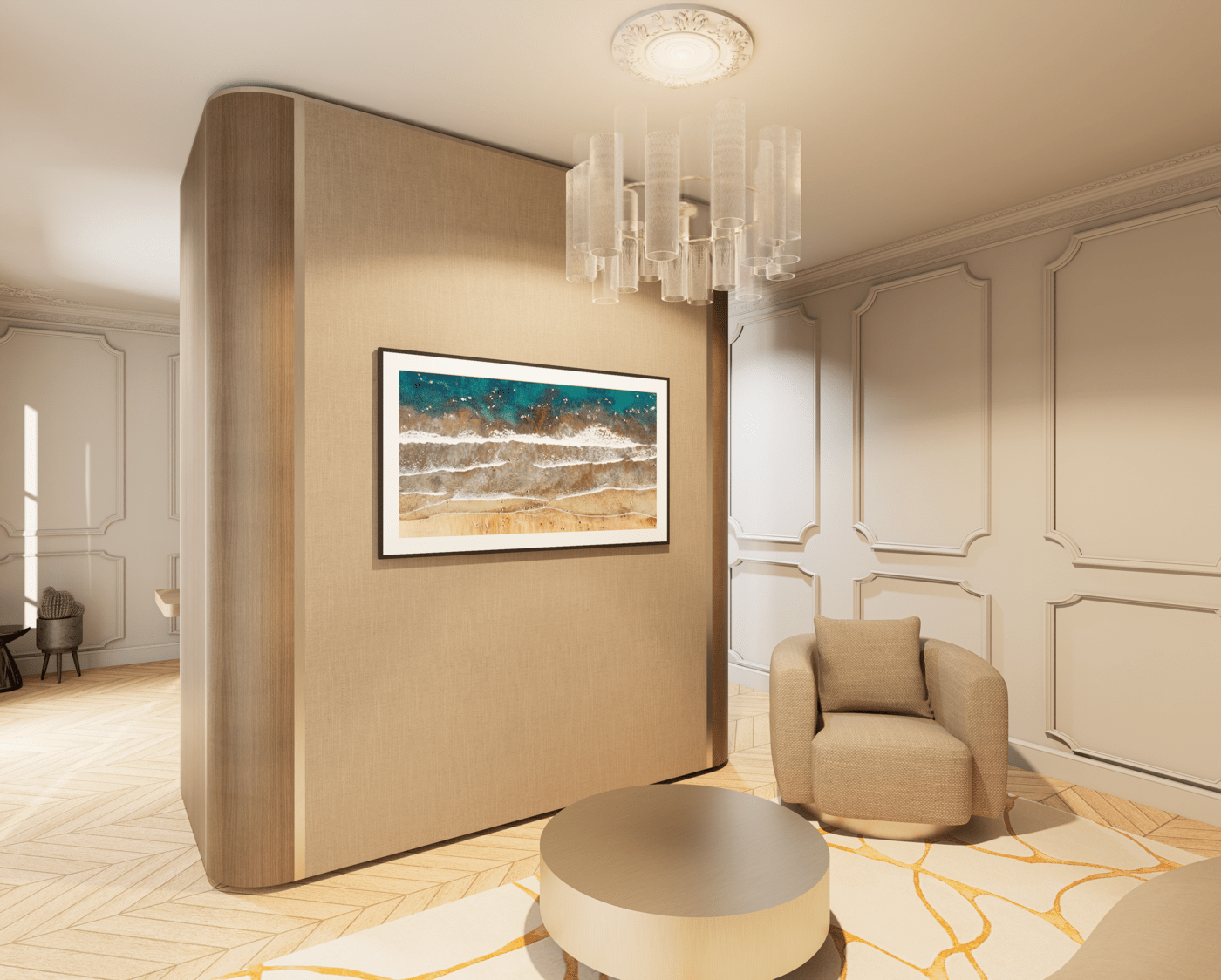 Intérieur moderne haut de gamme avec un mur en bois et un diviseur en tissu, grande fenêtre avec rideaux, table avec vases et décoration, et suspension lumineuse prouche au plafond en collaboration avec Perene