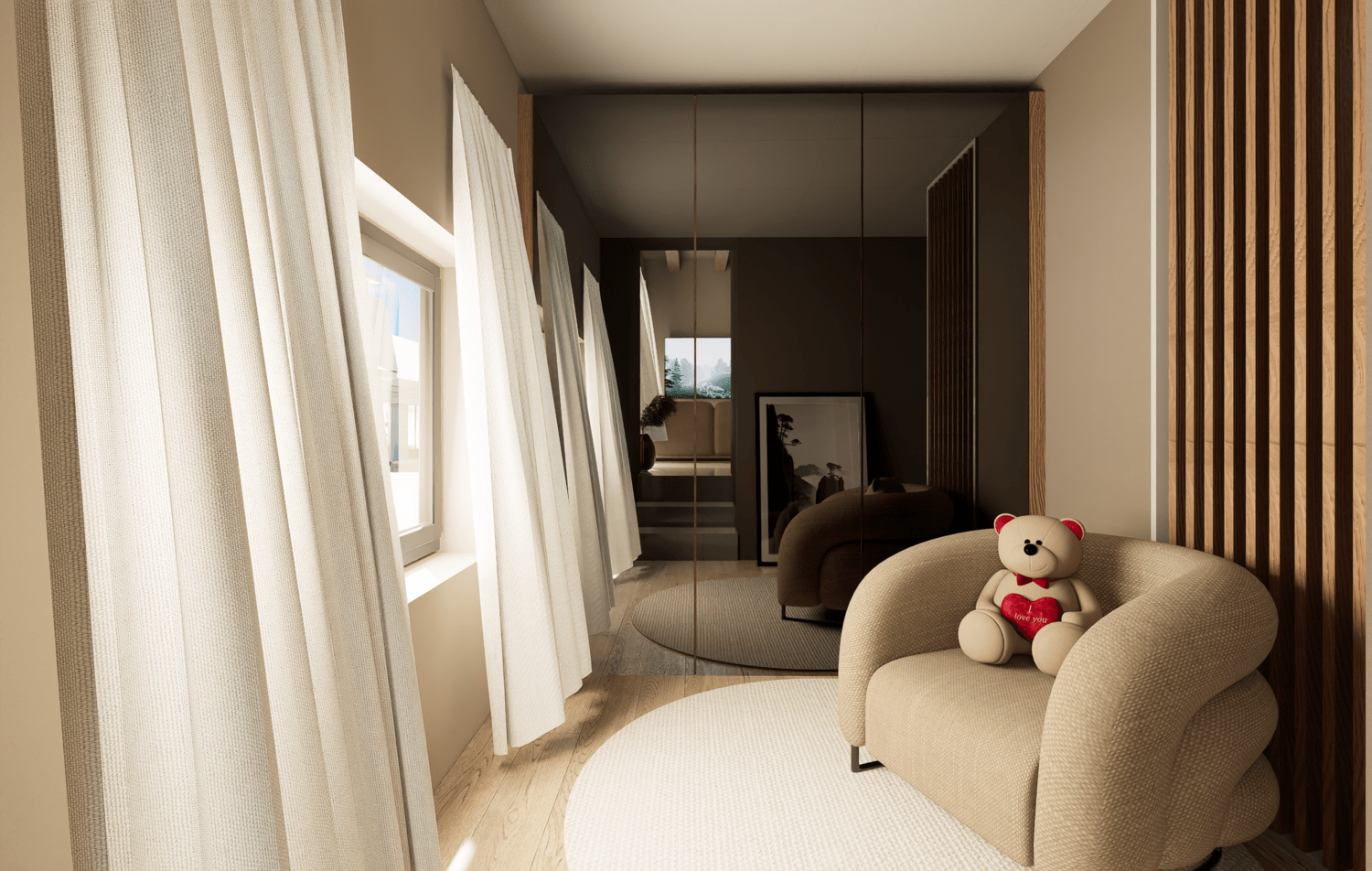 Projet de rénovation d'un appartement avec une chambre moderne avec cloison en bois, lits en arrière-plan, et une petite peluche de ours en fauteuil beige au premier plan. Agencement sur mesure haut de gamme.