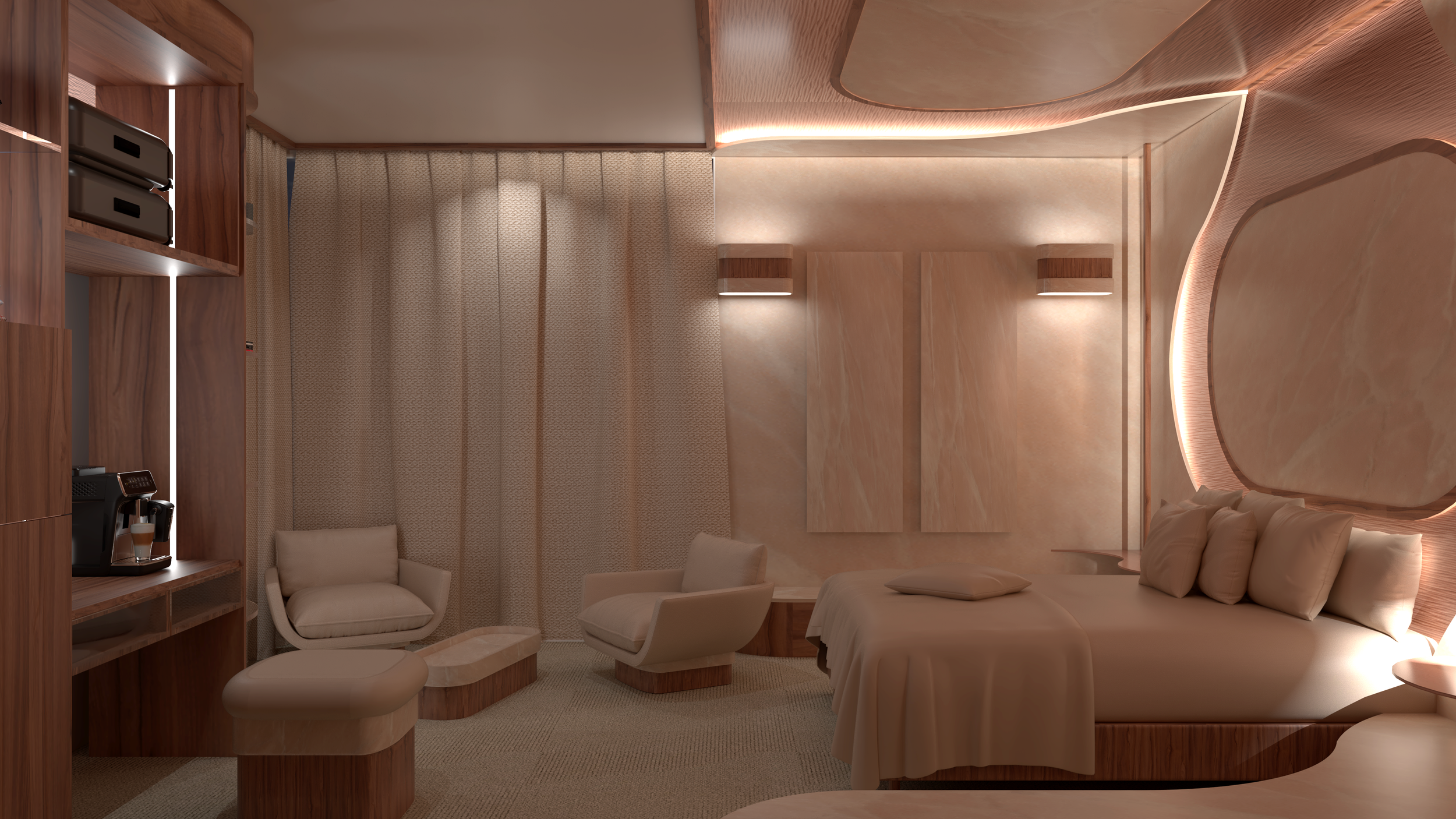 Intérieur d'une chambre d'hôtel moderne avec lit, fauteuils, murs en bois clair, éclairage doux et décoration élégante.
