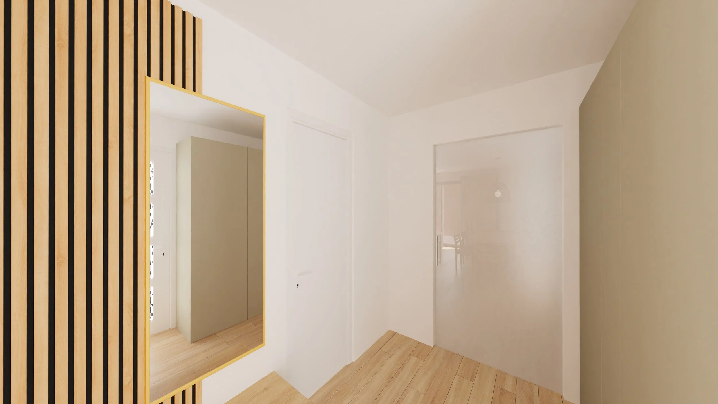 Rénovation haut de gamme d'un appartement à Valdahon avec entrée avec murs blancs, sol en bois clair, une cloison en bois à rayures jaunes et noires, et une porte de placard beige. Agencement sur mesures