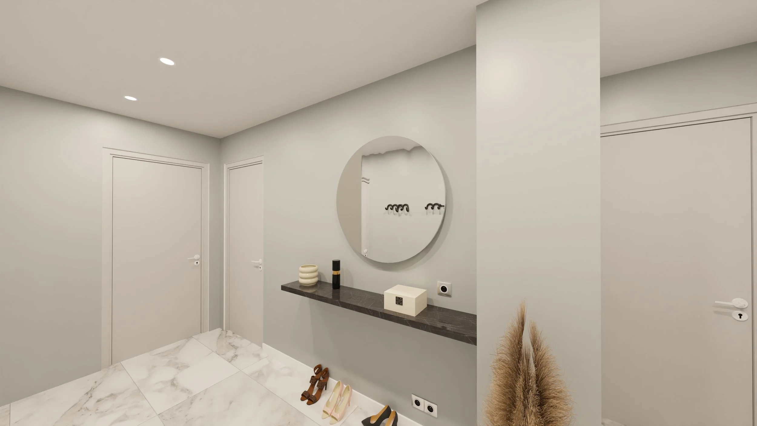 Rénovation d'un appartement en Moldavie avec entrée avec murs gris clair, portes blanches, miroir rond au mur, console noire avec décorations, tapis blanc, chaussures, et éléments décoratifs en beige et noir. Agencement haut de gamme sur mesures.