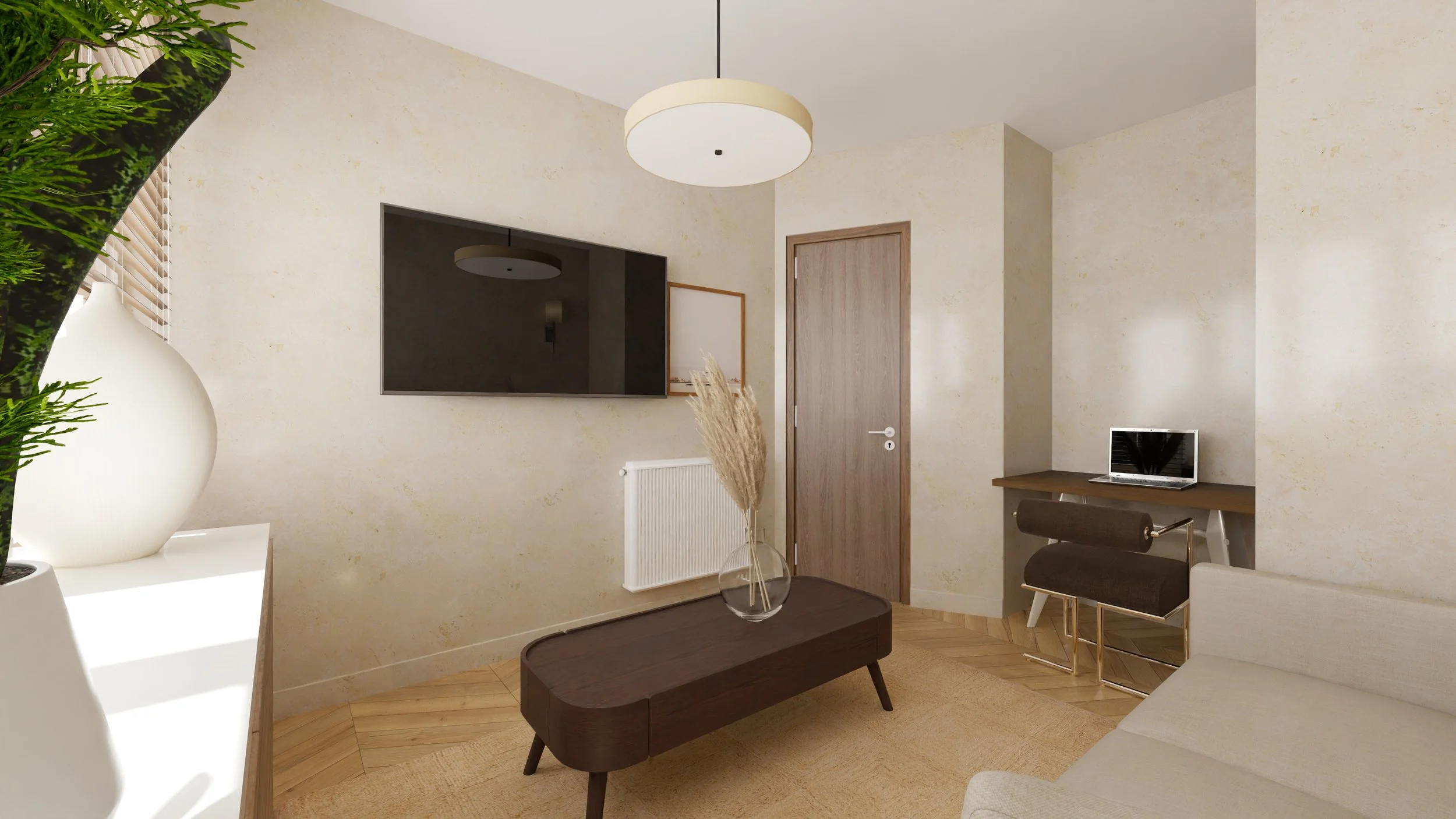 Rénovation haut de gamme d'un appartement dans Paris 12 avec salon moderne avec un mur beige clair, un téléviseur à écran plat noir, un bureau avec un ordinateur portable, un fauteuil, un plafond lumineux. Agencement sur mesures