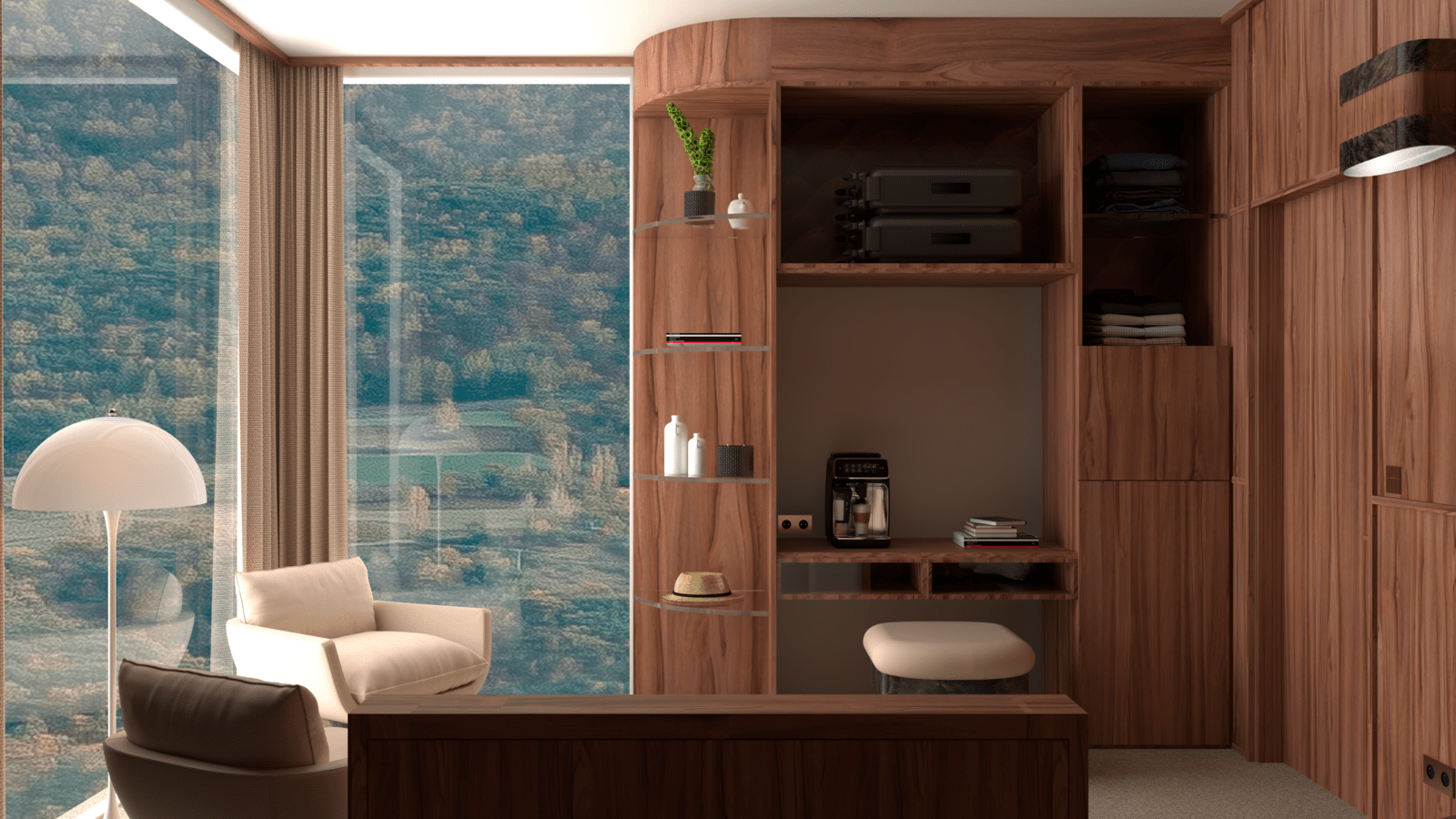 Intérieur d'une salle de séjour avec murs en bois, grande fenêtre avec rideau beige, et un coin dédié au café avec une cafetière.
