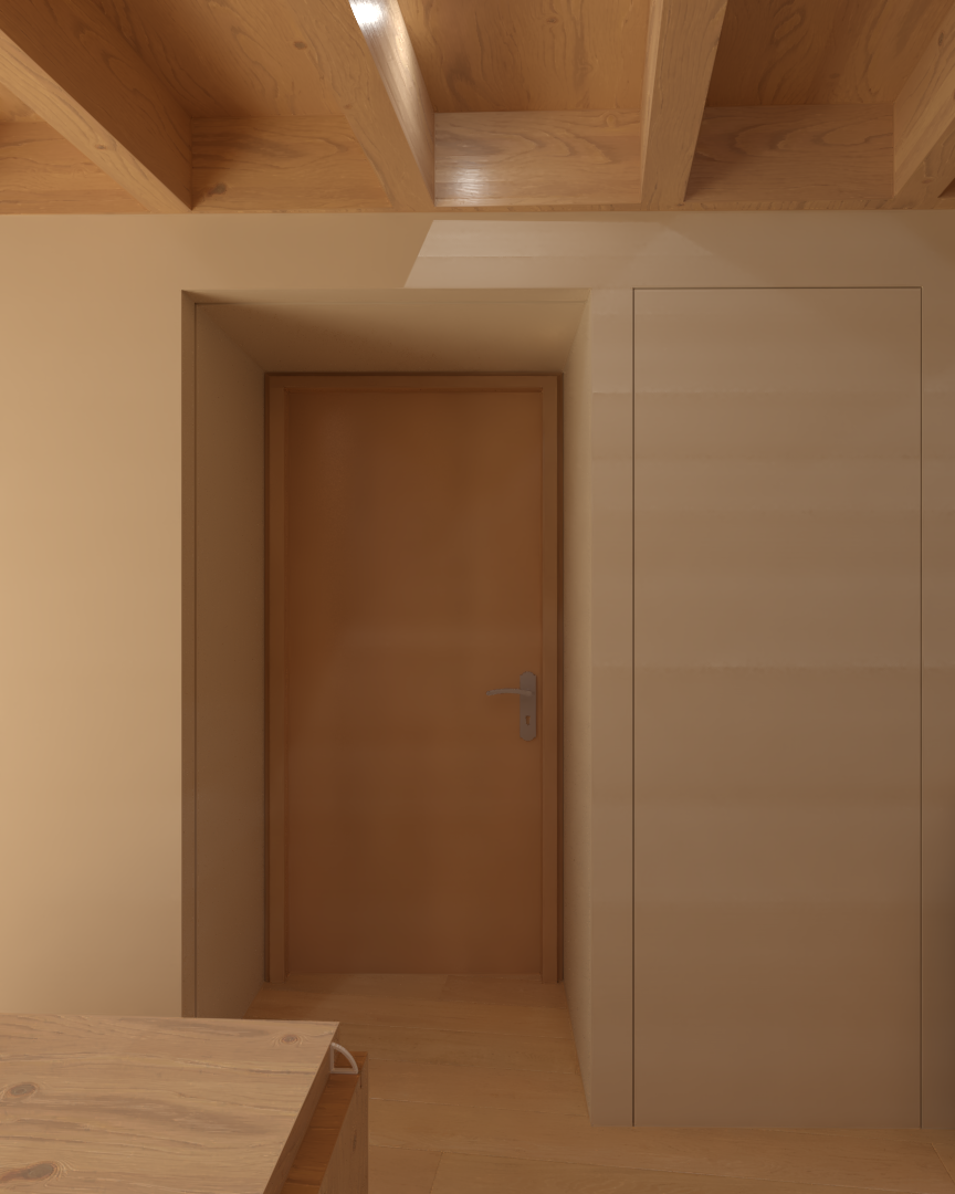 Rénovation haut de gamme d'une maison dans l'Aveyron, à Cantobre avec Porte en bois fermée dans un mur intérieur, avec un meuble en bois à droite et un sol en bois clair, plafond en bois avec poutres apparentes. Agencement sur mesures