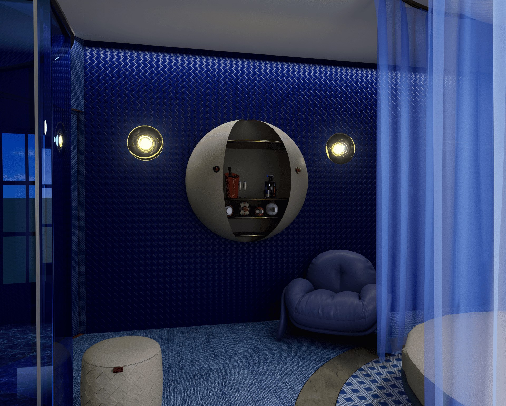 Une suite élégante avec murs bleu foncé à motifs octogonaux, un fauteuil rond violet clair, un tapis bleu, un miroir rond avec étagère contenant des bouteilles et un objet, deux lampes rondes allumées, et des rideaux bleus semi-transparents.