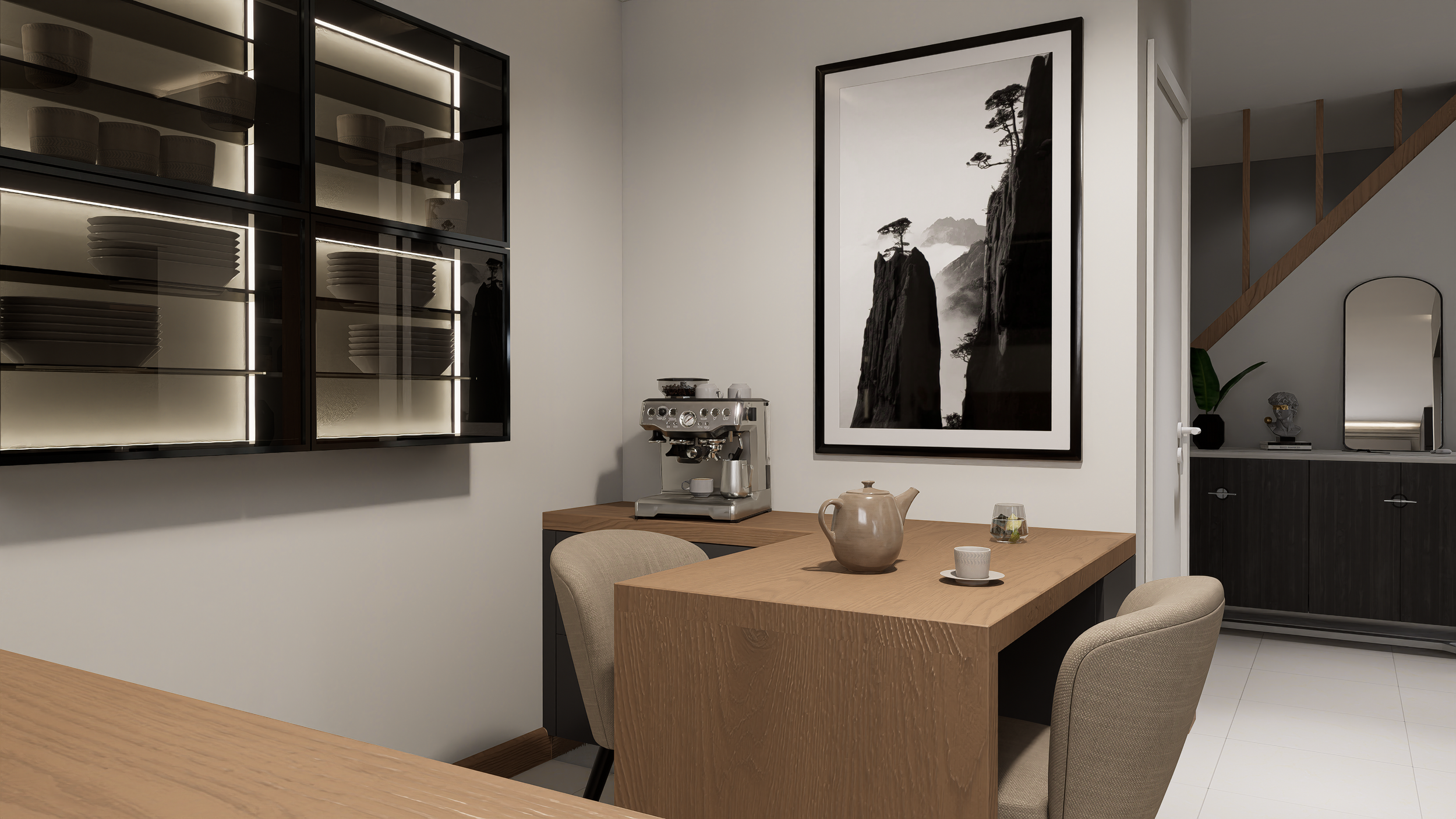 Projet de rénovation d'une maison avec une cuisine moderne avec une table en bois réalisée sur mesures, des meubles haut avec portes en verre. Agencement haut de gamme sur mesure.