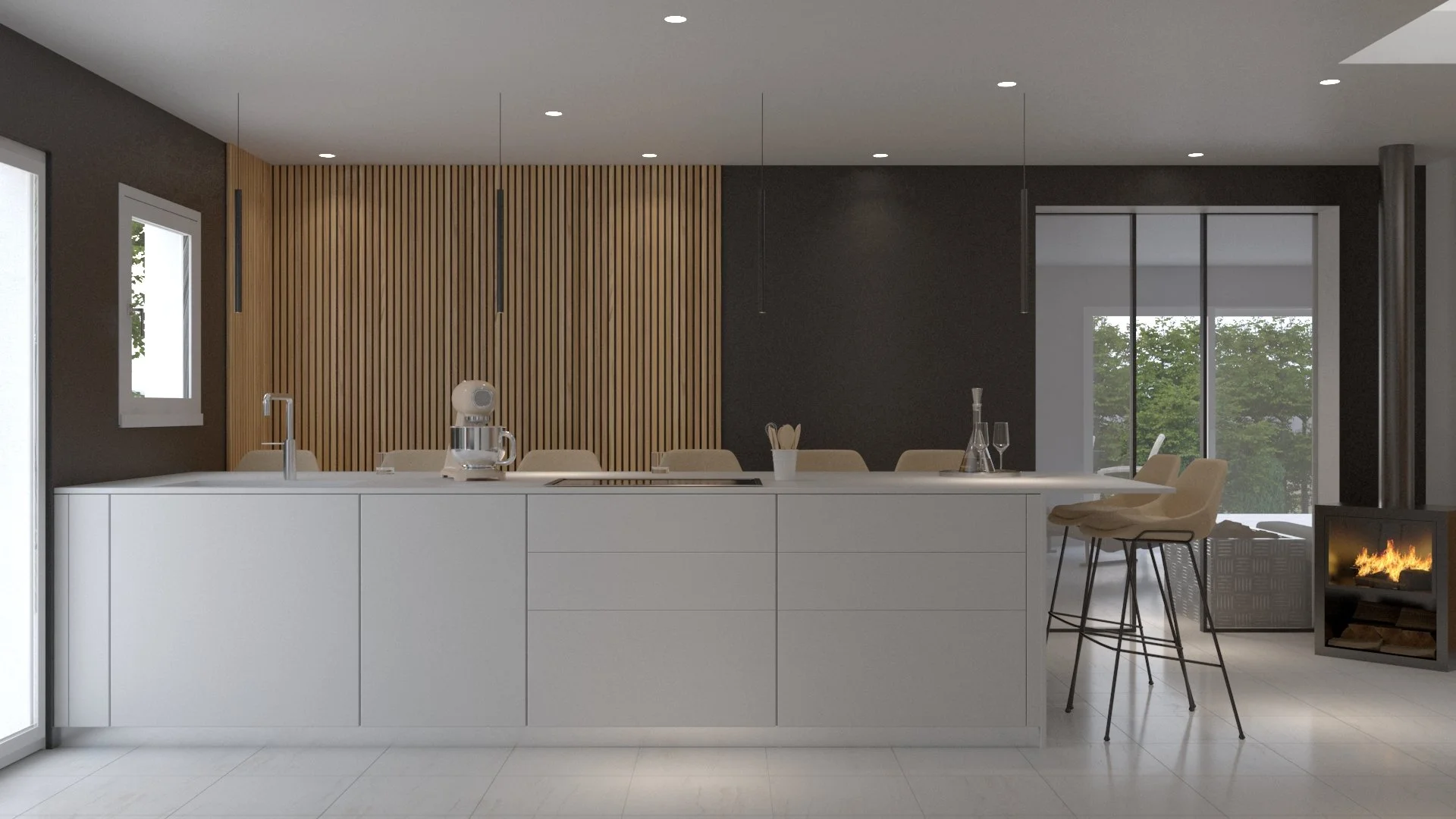 Rénovation haut de gamme d'une maison à Charnay avec cuisine moderne comprenant une table de bar, chaises beige, murs gris et en bois, grandes fenêtres avec vue sur un jardin. Agencement sur mesure.