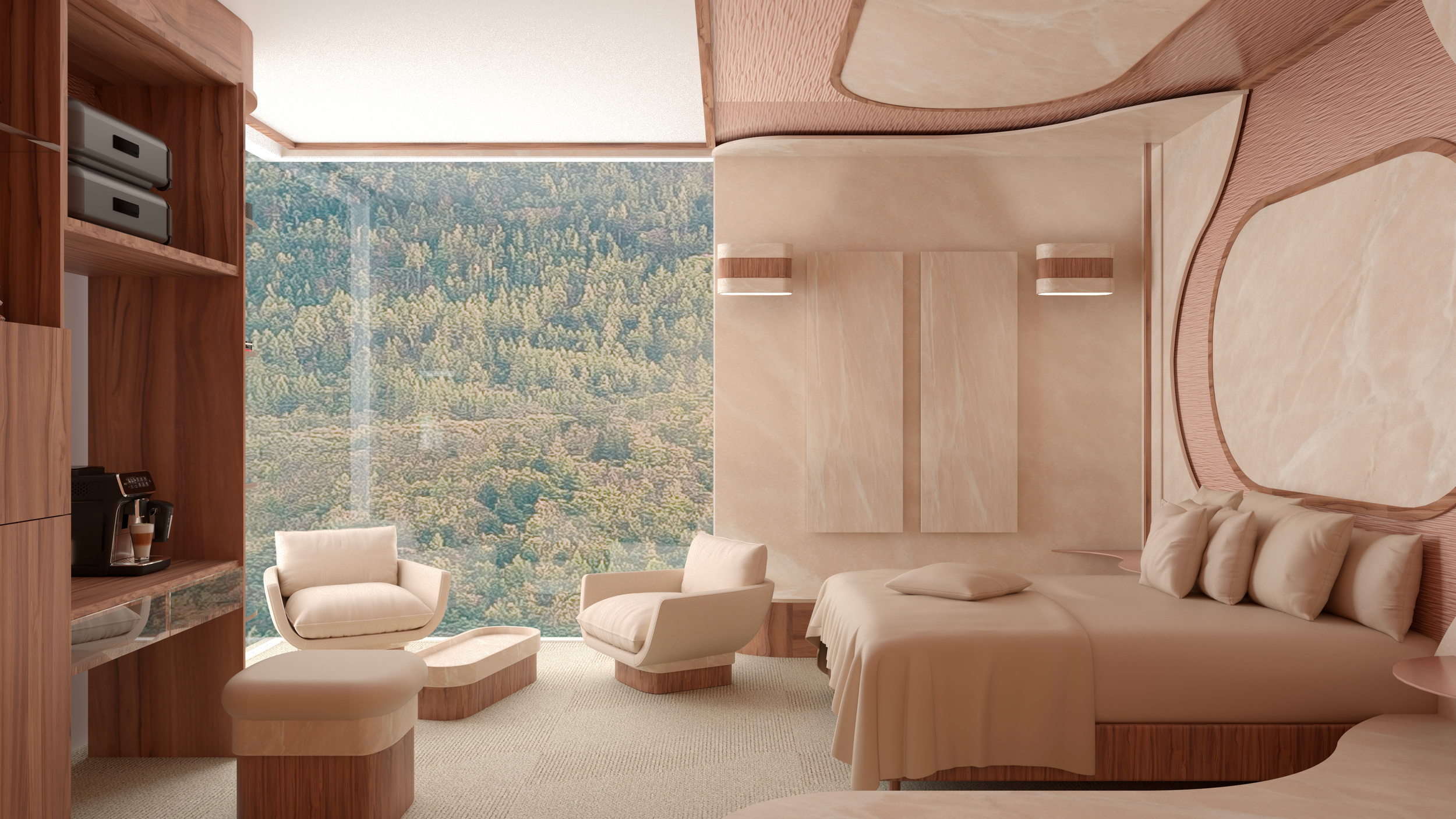Salon avec vue sur une forêt, mobilier en bois clair, canapé beige, deux fauteuils en tissu, coin café avec machine à café et deux boîtes de rangement.