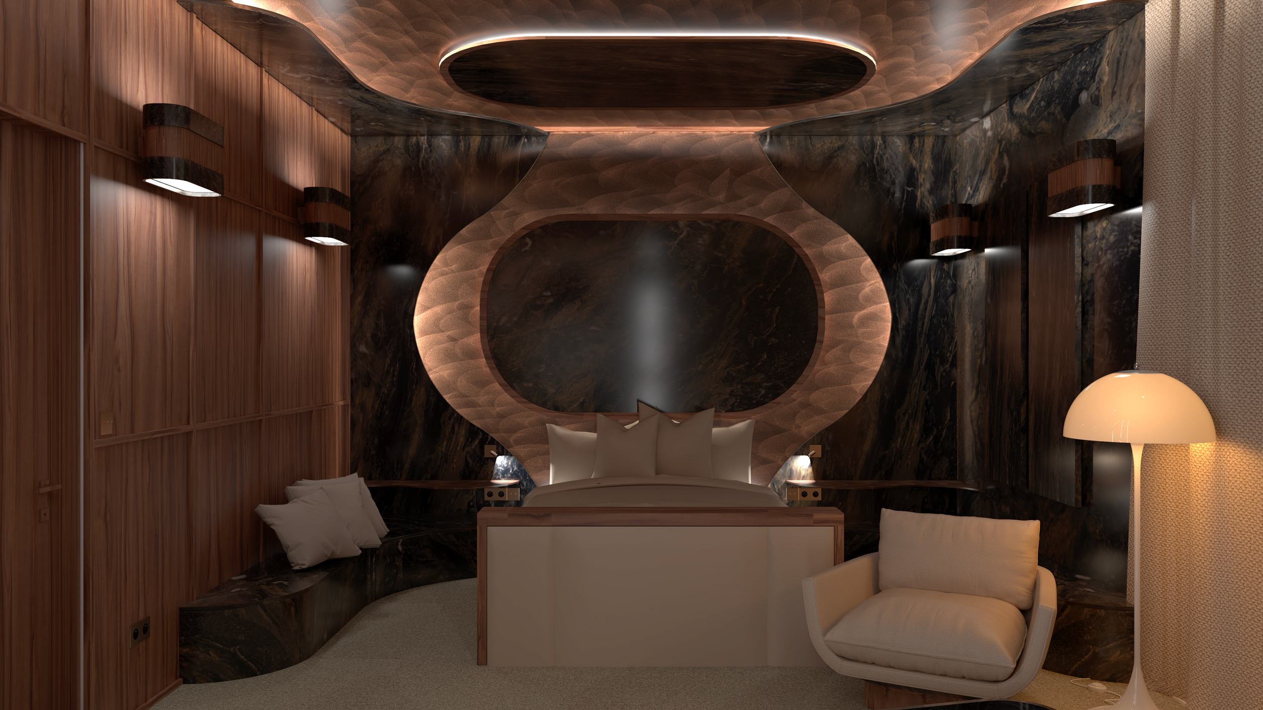 Chambre élégante avec un lit, murs en marbre noir et mobilier en bois, lampe de table, avec un plafond circulaire éclairé.