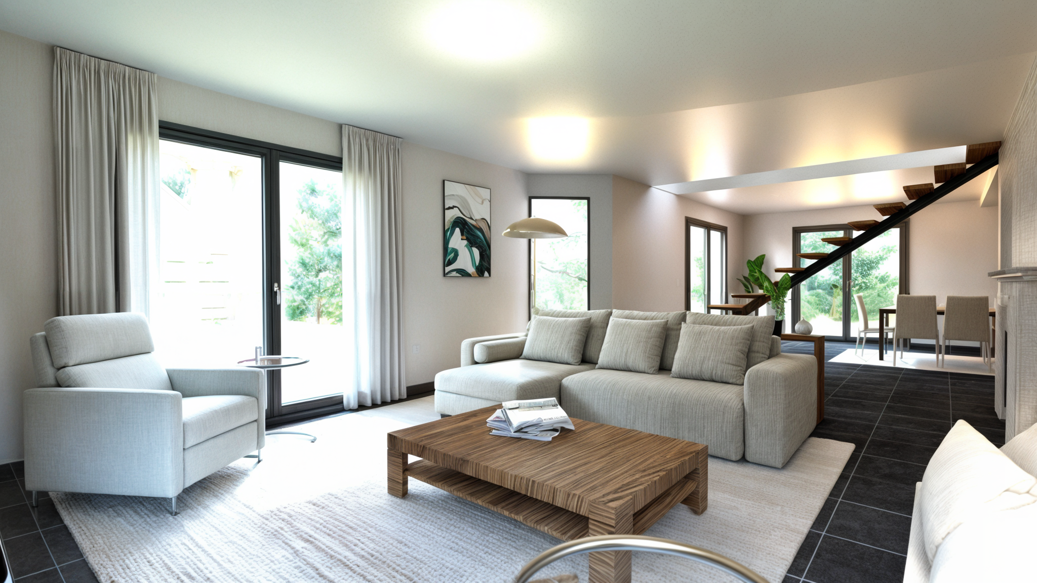Rénovation haut de gamme d'un salon moderne avec canapé beige, fauteuil blanc, table basse en bois, œuvres d'art abstraites, grande baie vitrée avec rideaux blancs, escalier en bois et métal, plantes vertes, lumière naturelle, décor minimaliste.