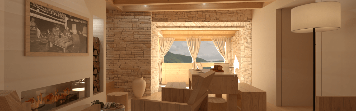 Rénovation haut de gamme d'une maison dans l'Aveyron, à Cantobre avec pièce de vie chaleureuse avec cheminée, meubles en bois, murs en pierre naturelle, grande fenêtre avec rideaux blancs laissant entrer la lumière, vue sur un paysage montagneux.