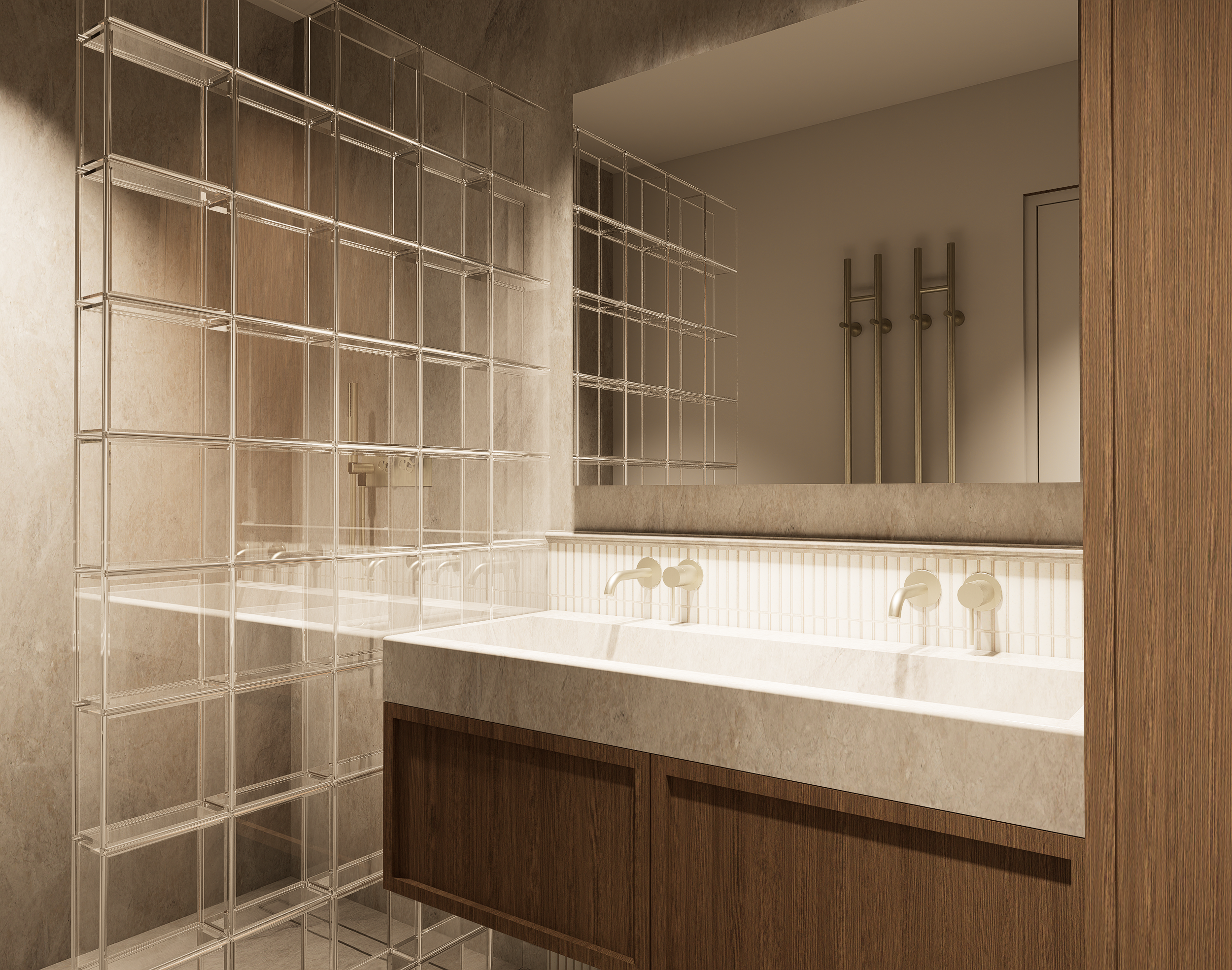 Rénovation haut de gamme d'un appartement à Saint-Denis avec salle de bain moderne avec un miroir et un meuble en bois, une paroi de douche en carreaux de verre et deux robinets. Agencement sur mesure.