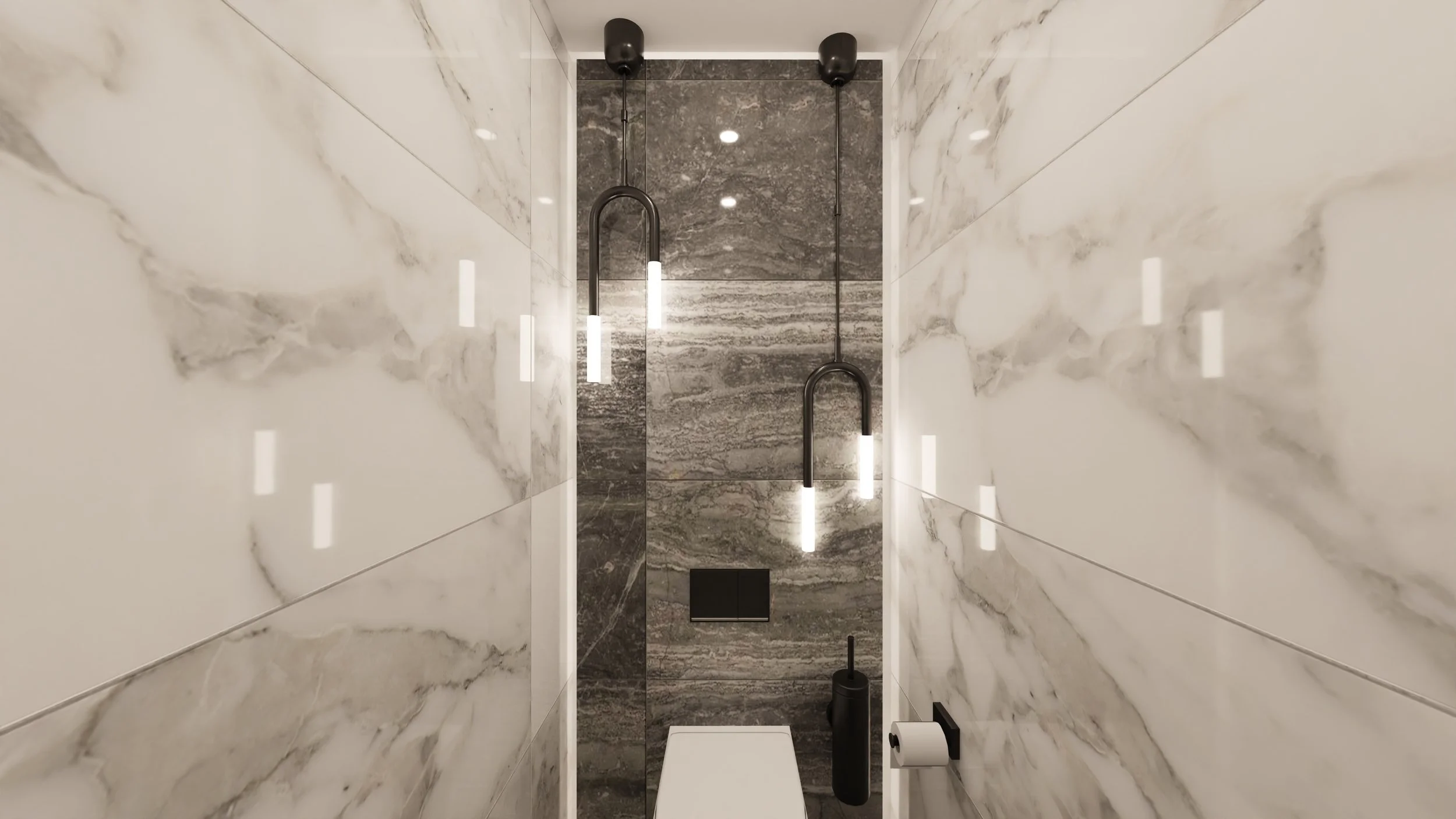 Rénovation d'un appartement en Moldavie avec des WC avec murs en marbre blanc et gris, éclairage vertical chaud et toilettes suspendues. Agencement haut de gamme sur mesures.