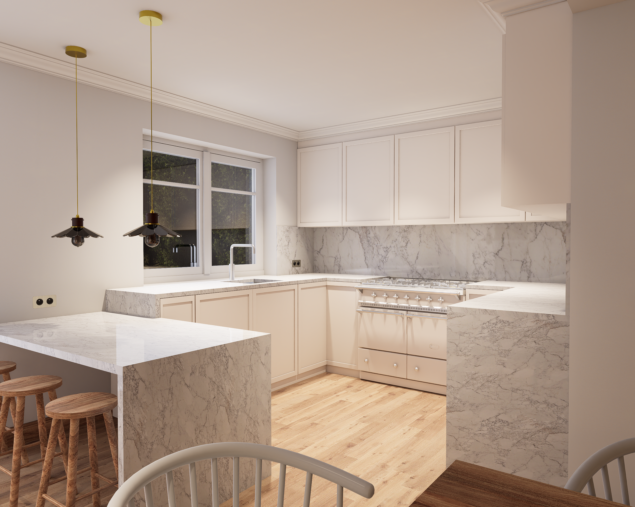 Rénovation haut de gamme d'une maison Anglaise avec cuisine moderne avec comptoir en marbre, armoires blanches, fenêtres, et éclairage suspendu. Agencement sur mesures.