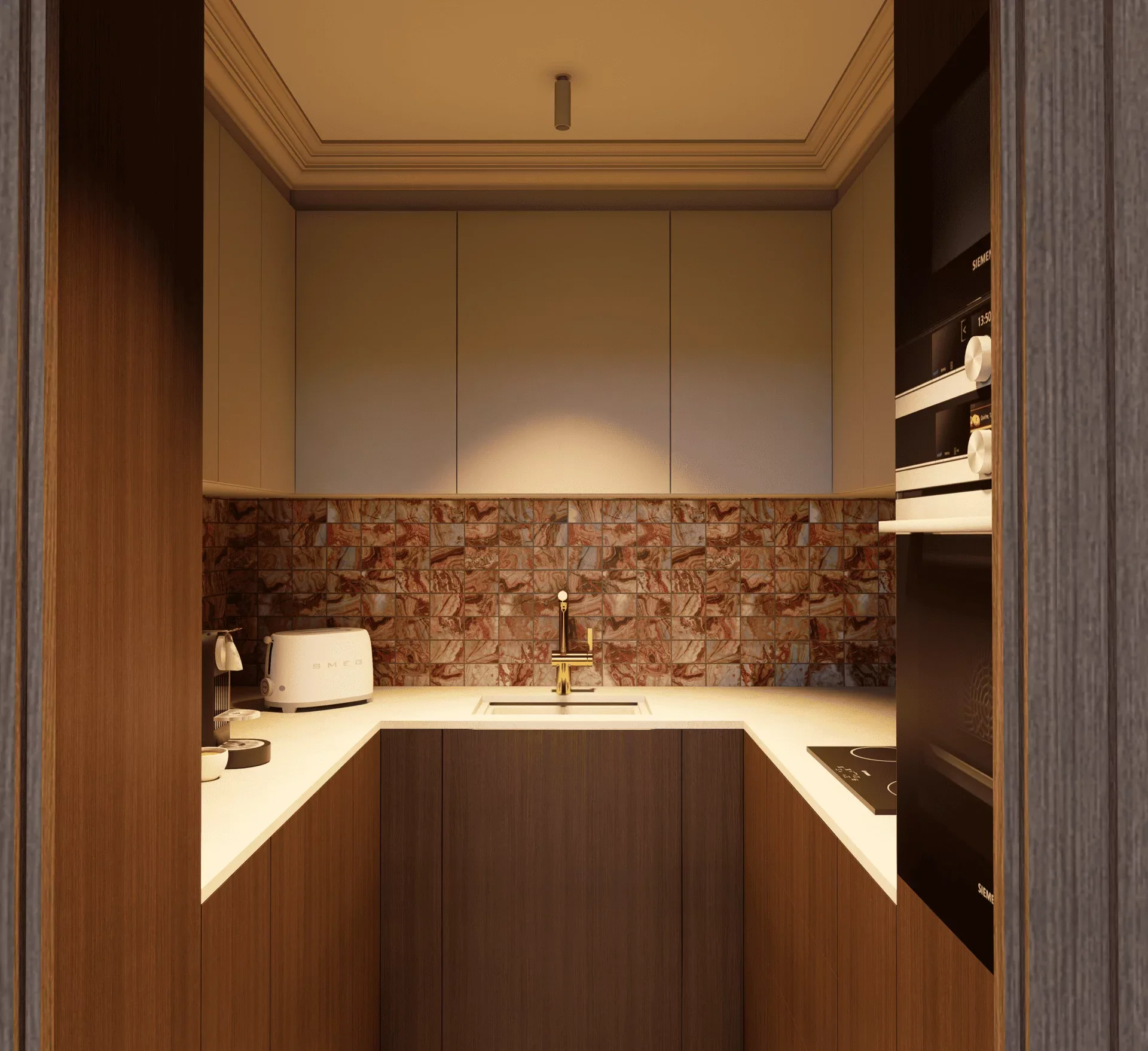 Intérieur d'une cuisine moderne avec des murs en bois, un four et micro-ondes Siemens, avec un évier, une plaque de cuisson électrique et un grille-pain.