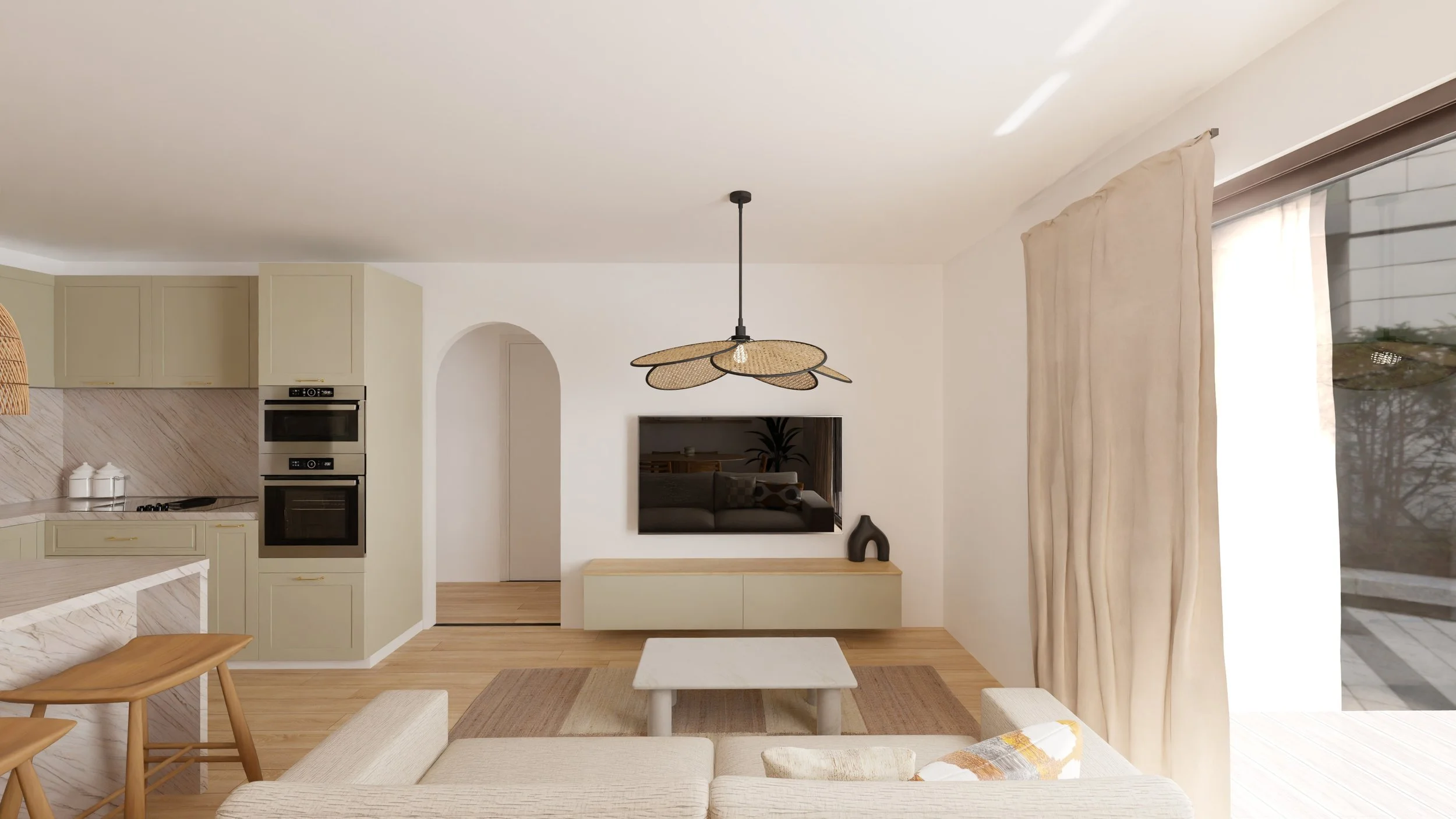 Rénovation haut de gamme d'un appartement à Valdahon avec salon moderne avec un canapé beige, une table basse en pierre, une télévision murale, des rideaux beige et une suspension design. Agencement sur mesure.