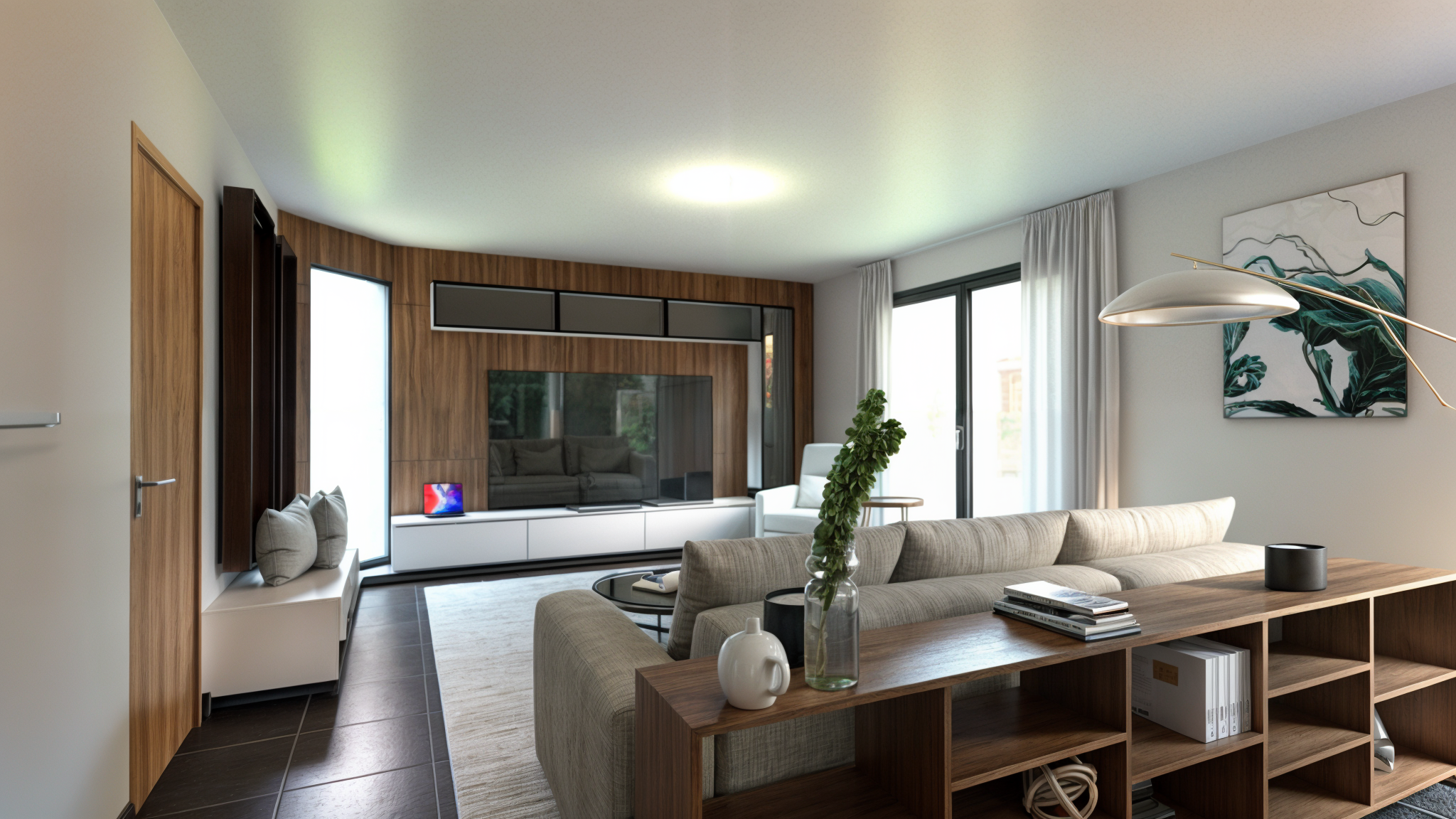 Salon moderne et contemporaine avec télévision, canapés, table basse, art mural, grande fenêtre avec rideaux, plantes en décoration. Utilisation de la lumière naturelle et bois brut
