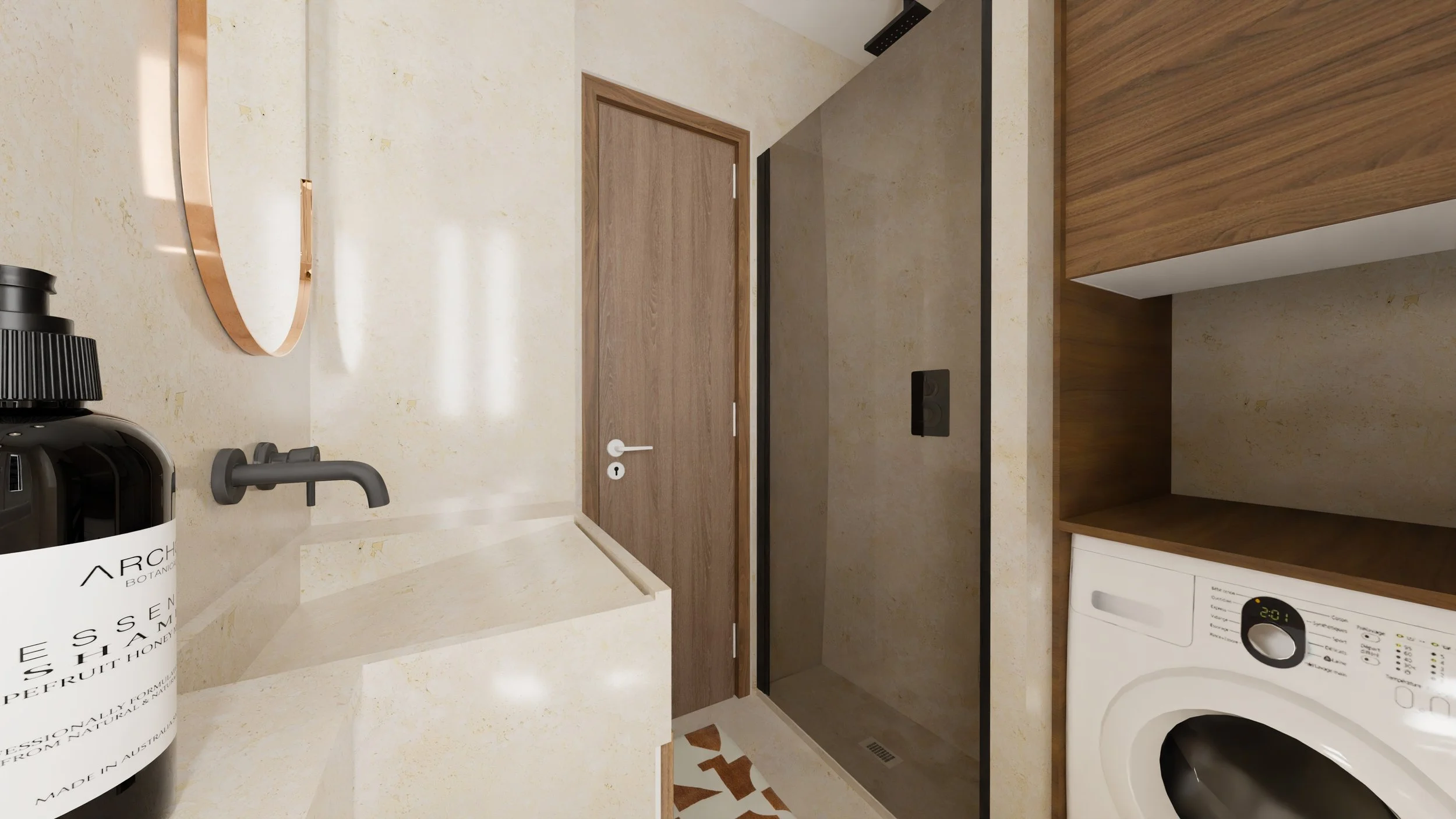 Rénovation haut de gamme d'un appartement dans Paris 12 avec salle de bain avec une machine à laver, un évier avec robinet noir, un miroir, un placard en bois et une porte en bois. Agencement sur mesures
