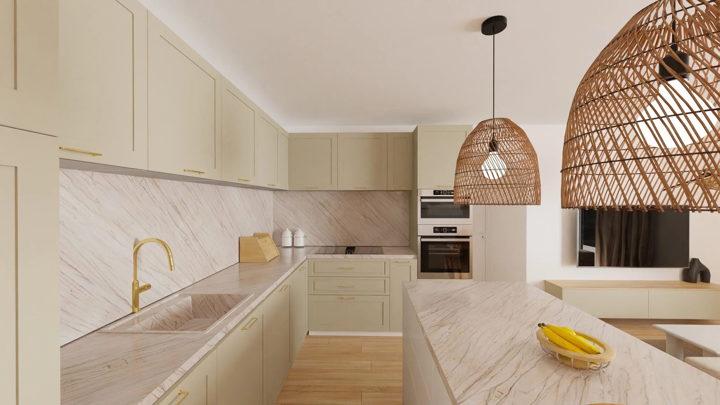 Rénovation haut de gamme d'un appartement à Valdahon avec salon et cuisine modernes avec meubles beige, suspensions en rotin, grande baie vitrée avec rideaux clairs. Canapé beige. Agencement sur mesures.