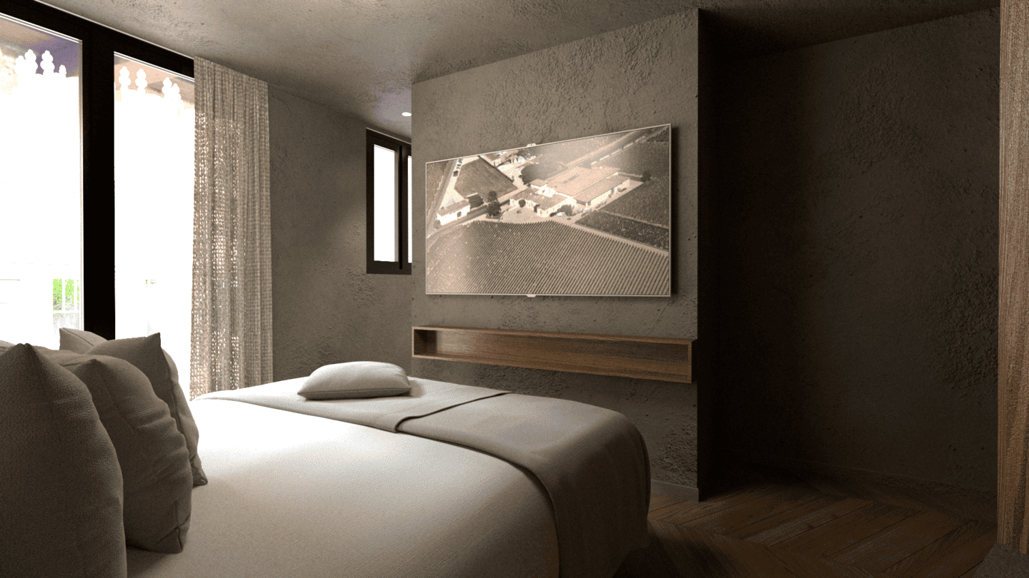 Vue de l'intérieur d'une chambre avec un lit blanc, un mur en béton brut, une télévision murale affichant des paysages agricoles. Appartement haut de gamme rénové selon le thème du vin à Neuilly sur Seine.