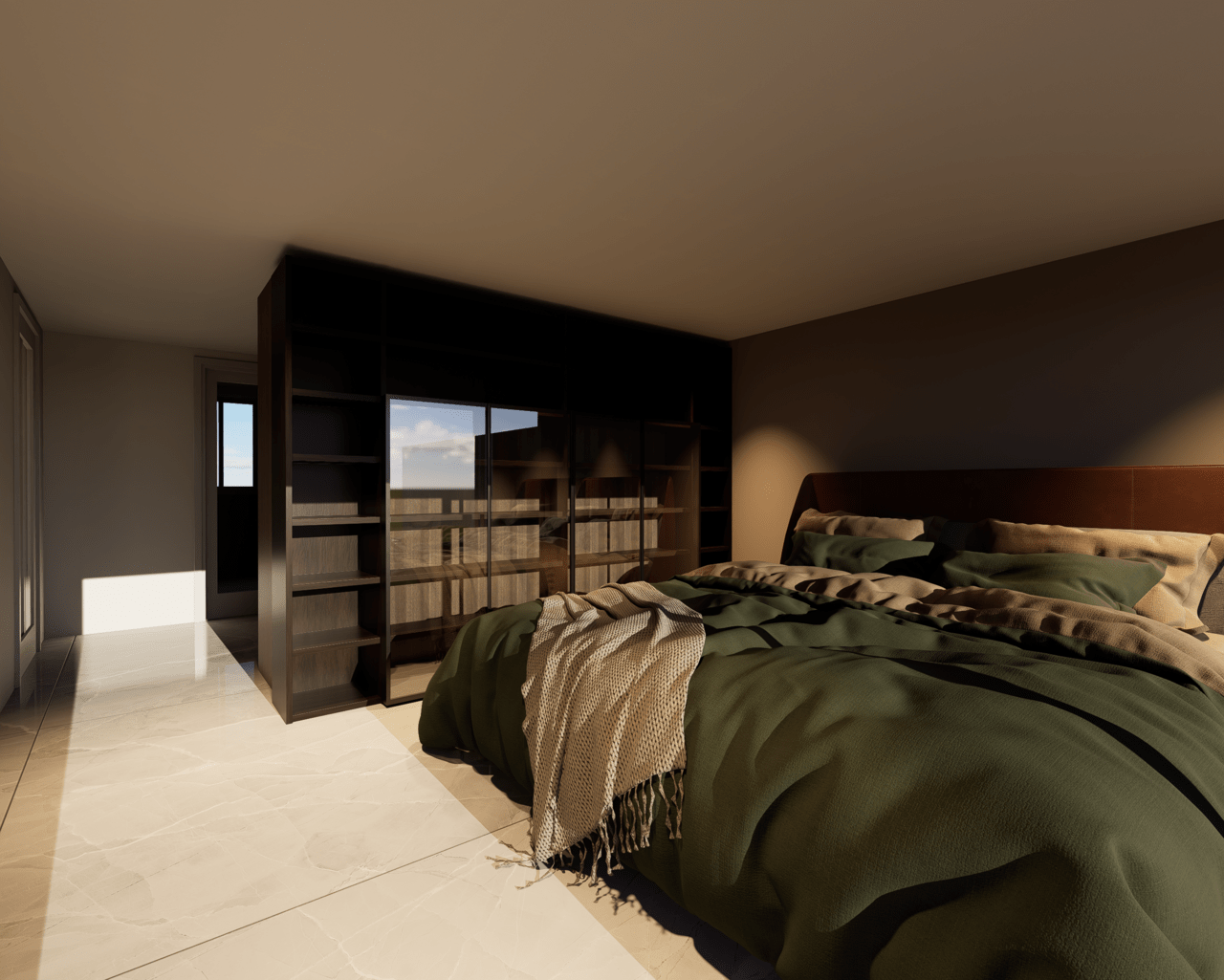 Rénovation haut de gamme d'une villa à Chelles avec chambre moderne avec un lit, une grande bibliothèque en bois, un mur peint en gris, et un sol en marbre clair, avec une fenêtre laissant entrer la lumière naturelle. Agencement sur mesures