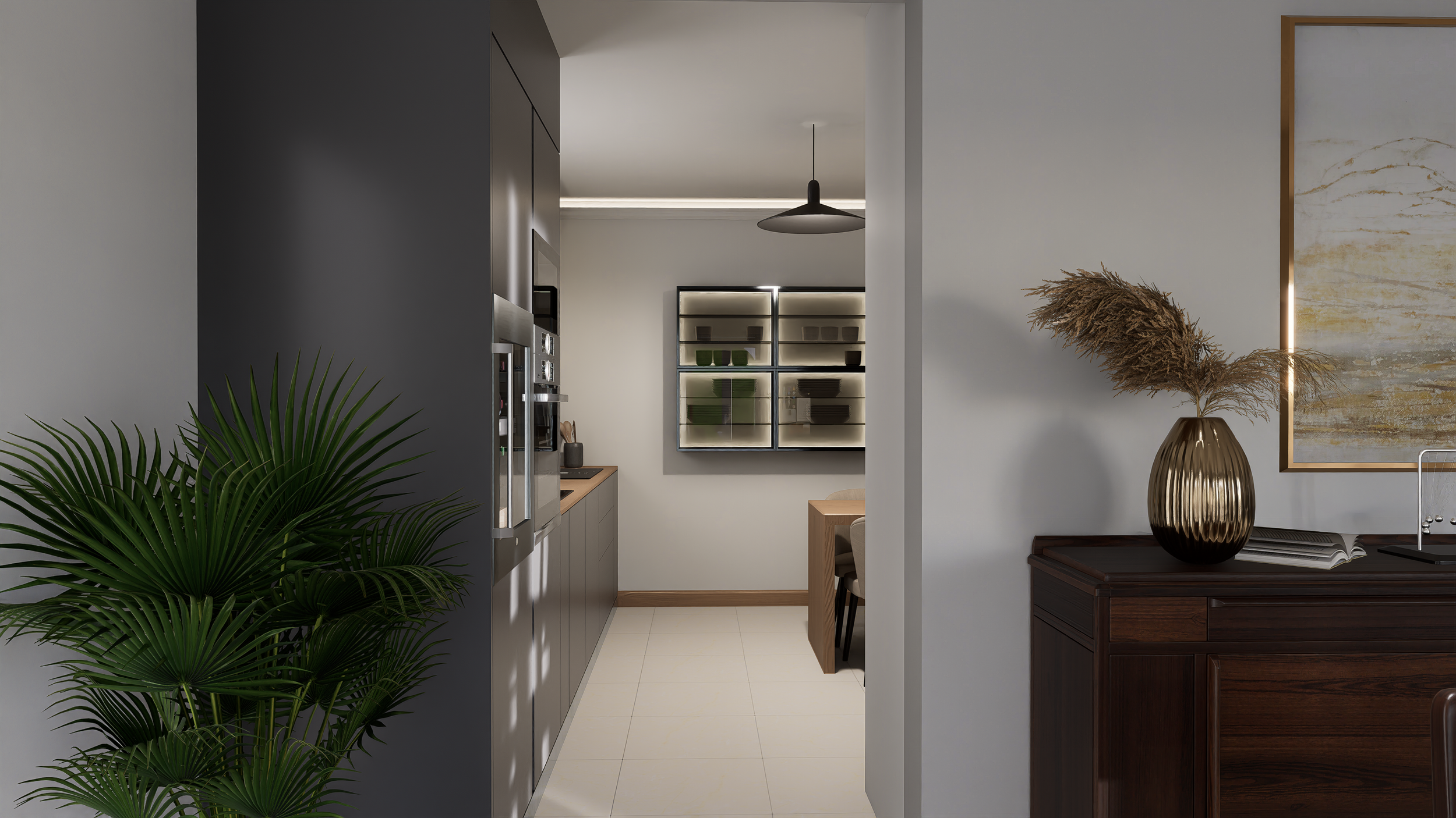 Projet de rénovation d'une maison avec une cuisine moderne avec un réfrigérateur, un four, un évier, un robot de cuisine, un placard en verre et une fenêtre laissant passer la lumière. Agencement haut de gamme sur mesure.