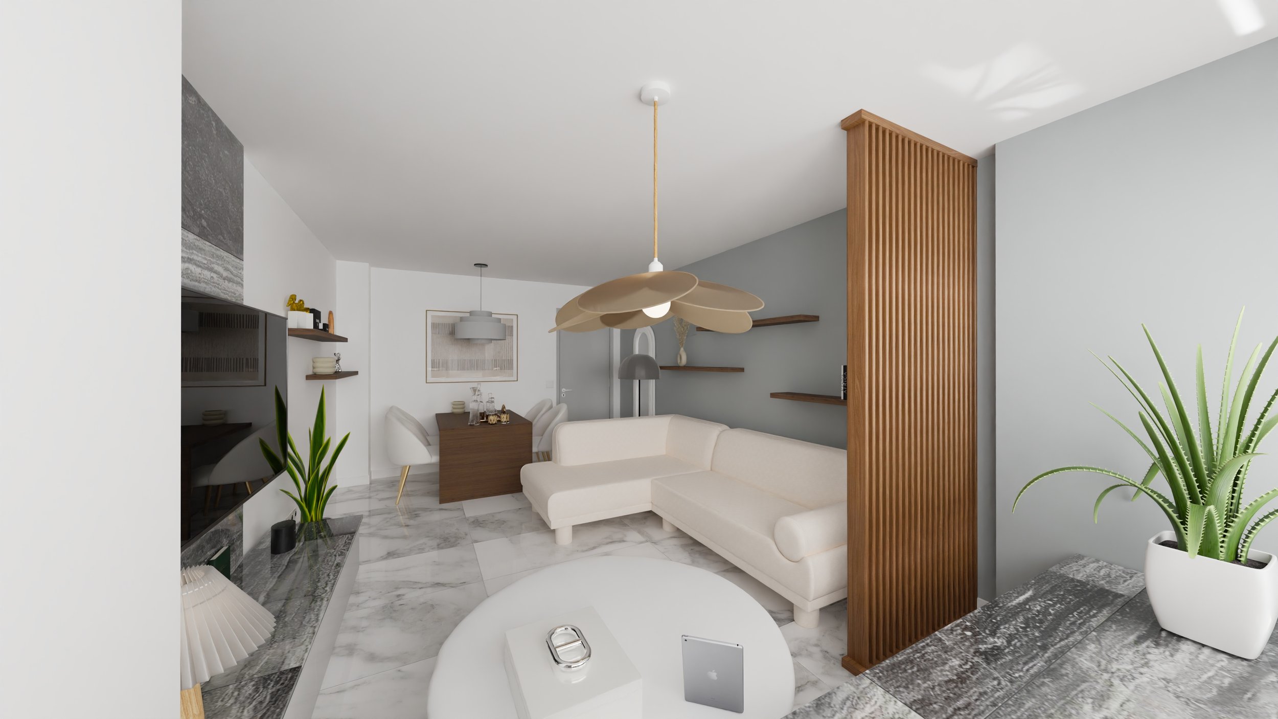 Rénovation d'un appartement en Moldavie avec un salon avec panneau en pierre, télévision, étagères murales, au mur et table avec décorations en verre et céramique. Agencement haut de gamme sur mesures.