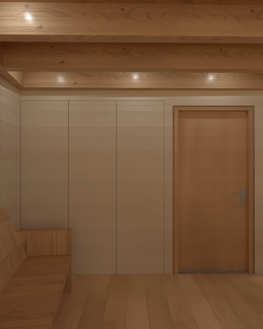 Rénovation haut de gamme d'une maison dans l'Aveyron, à Cantobre avec un plafond en bois, un mur blanc avec des armoires encastrées, un coin avec un banc en bois, et une porte en bois naturel. Agencement sur mesures.