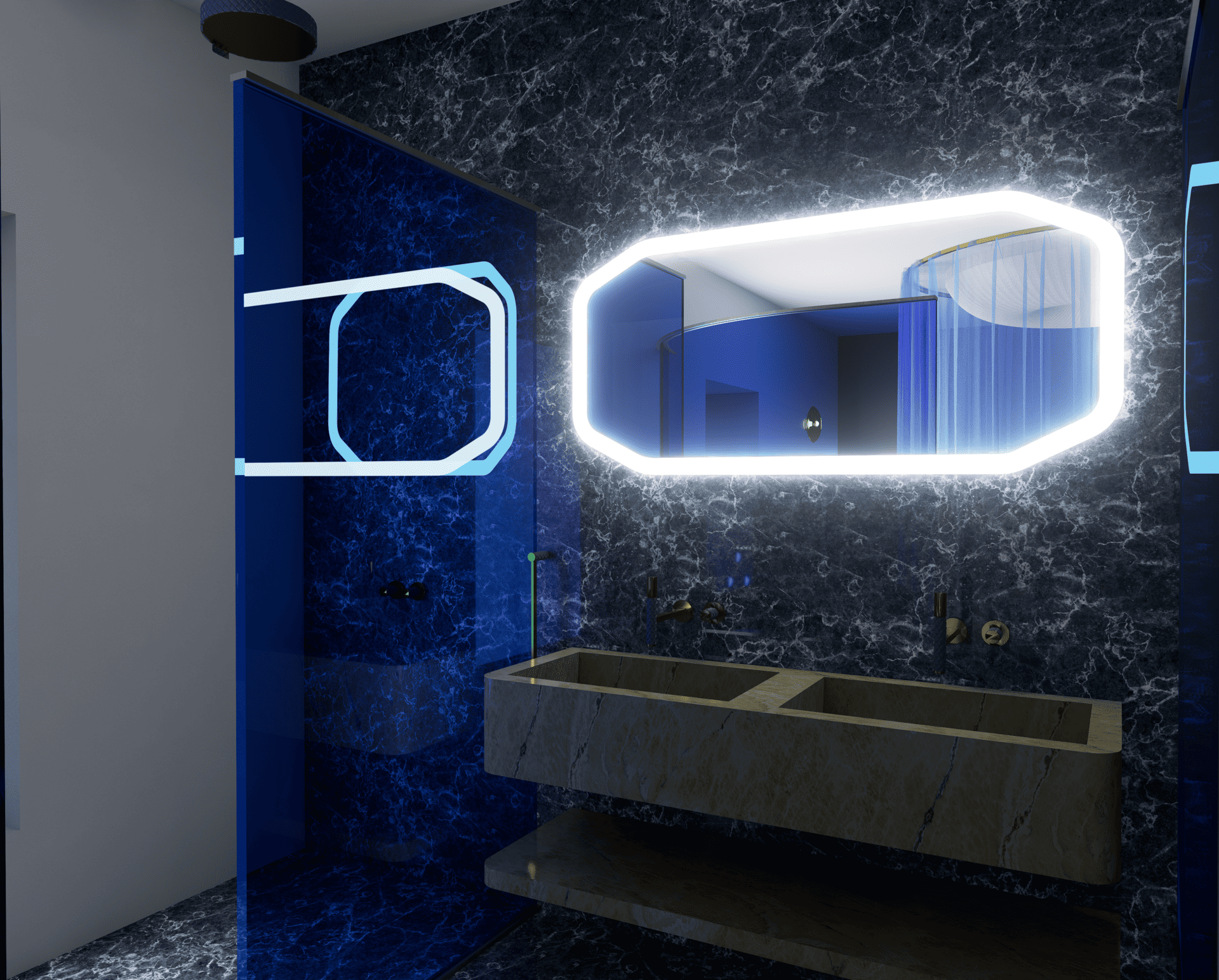 Vue intérieure d'une salle de bain moderne avec des murs en marbre noir et une grande miroir lumineux, avec un lavabo en pierre naturelle. Thème F1.