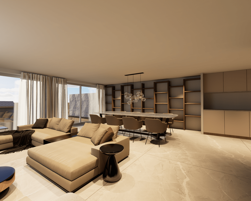 Intérieur moderne d'un salon avec un canapé beige, des chaises autour d'une grande table, et une bibliothèque sur mesure en bois avec une suspension de luminaires en verre, grande baie vitrée avec rideaux crème. Rénovation villa à Chelles.