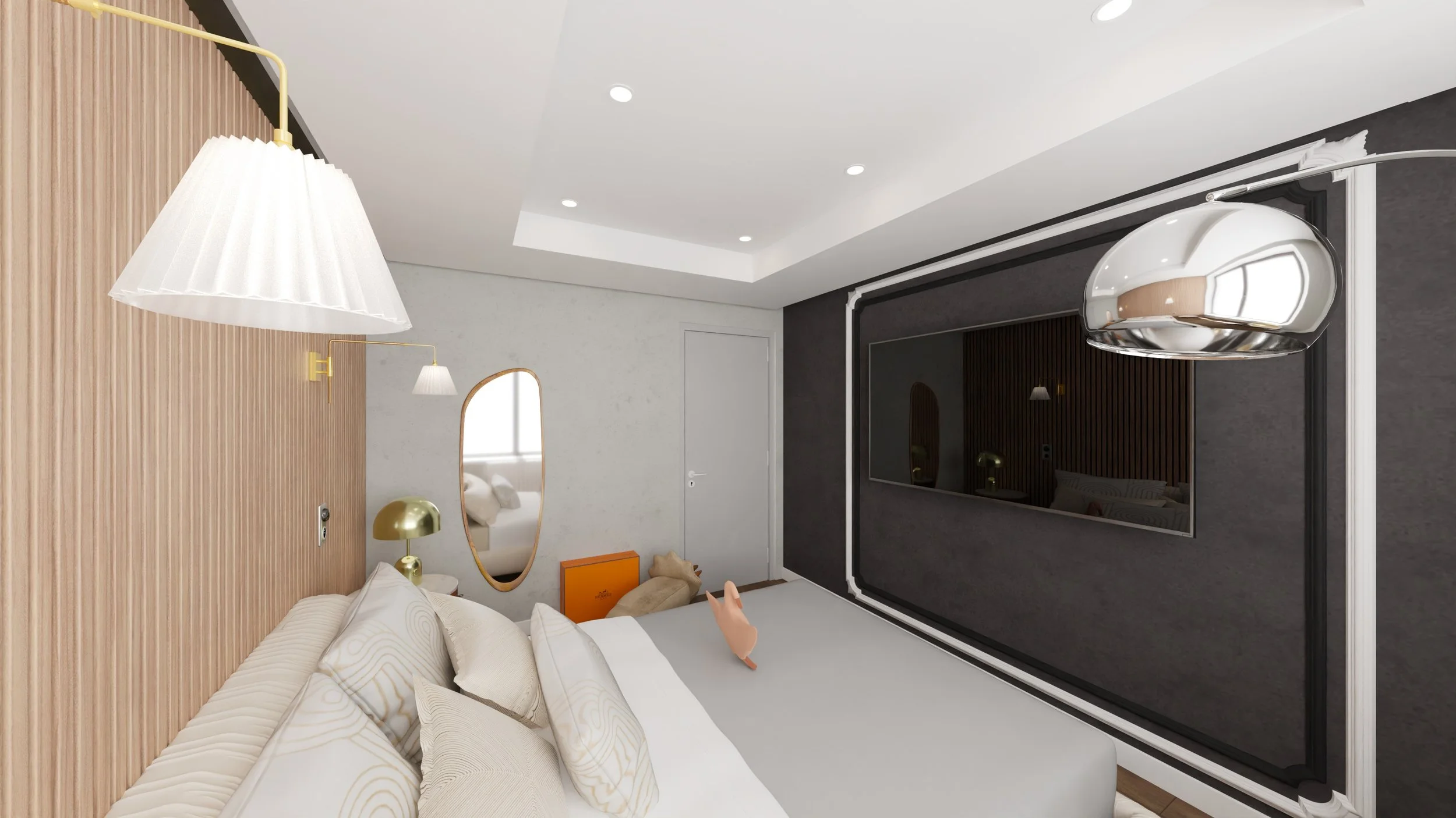 Rénovation d'un appartement en Moldavie avec une chambre moderne avec un mur en bois vertical, un lit blanc, une grande fenêtre laissant entrer la lumière naturelle et une lampe en arc argentée. Agencement haut de gamme sur mesure.