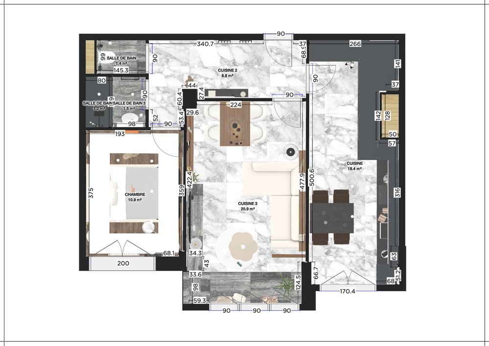 Plan texturé d'une maison en Moldavie avec chambres, cuisines, salles de bains, et meubles, avec dimensions en mètres. Rénovation haut de gamme, agencement sur mesures.