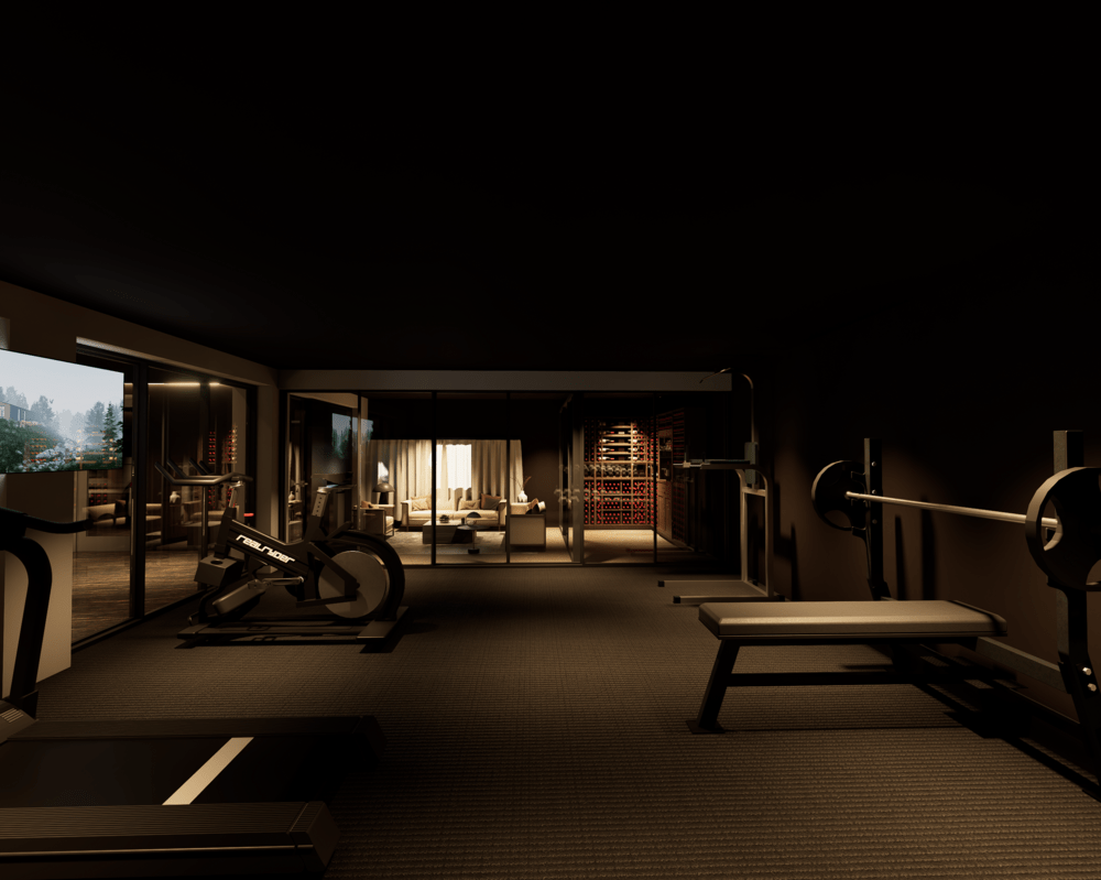 Une salle de sport moderne luxueuse d'une villa avec des appareils d'entraînement tels que des tapis de course et des équipements de musculation, lumineuse grâce à de grandes fenêtres