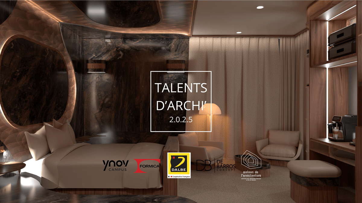 Intérieur d'une chambre d'hôtel 4 étoiles en Formica moderne et haut de gamme avec un lit, des fauteuils, et des étagères en bois, ambiance chaleureuse avec éclairage tamisé, pour le concours Talents d'archi 2025 avec Ynov.
