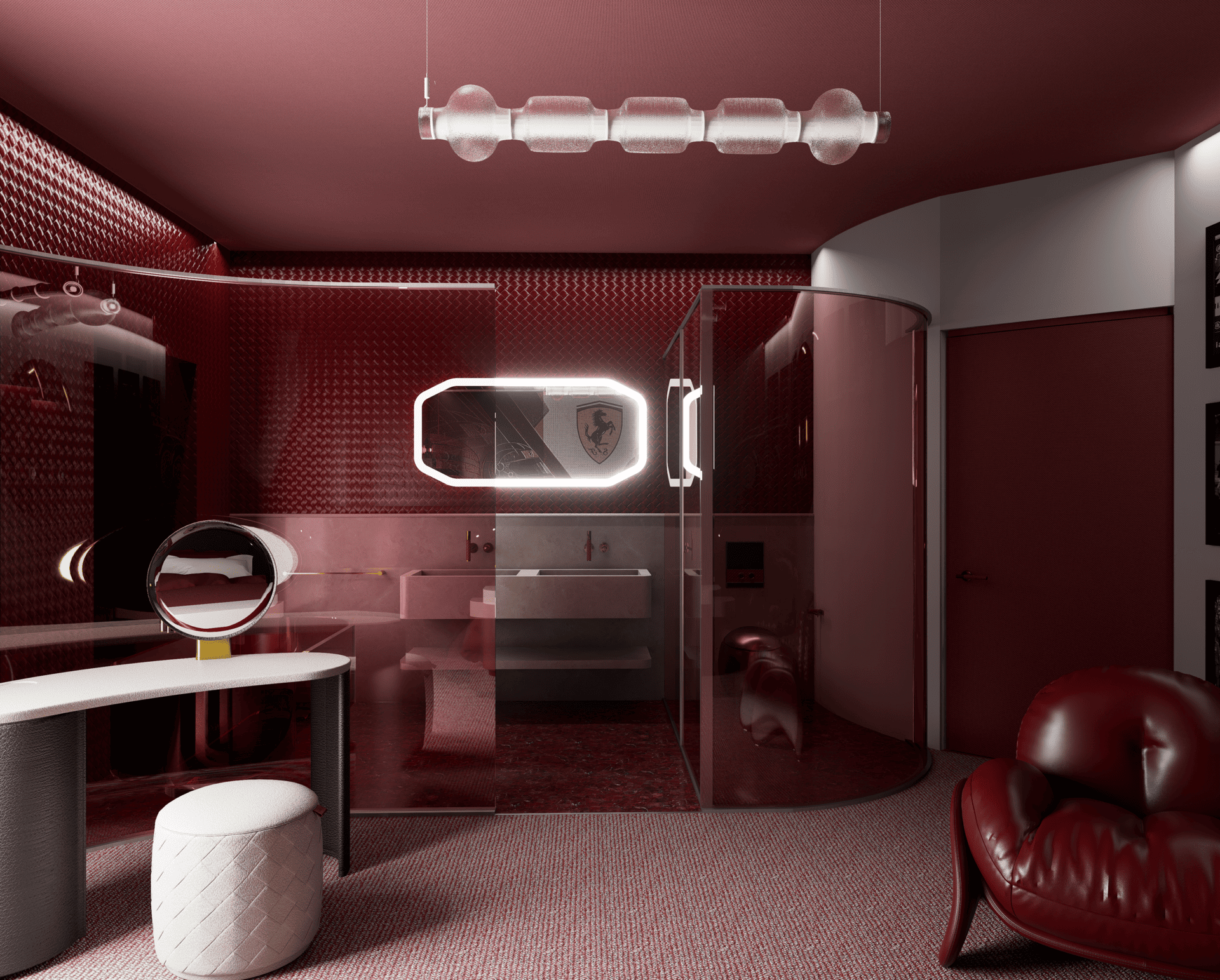Suite Ferrari F1, avec une coiffeuse en cuir blanc, une salle de bain séparée de la chambre par une paroi en verre rouge en référence à Ferrari.