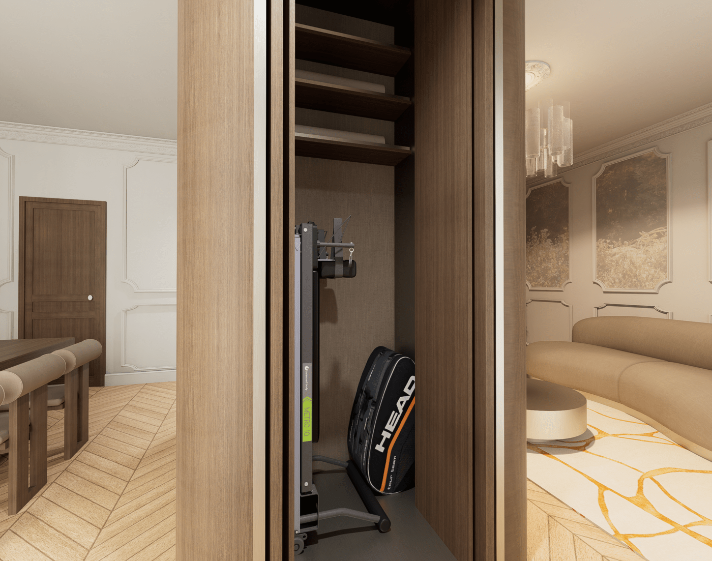 Intérieur moderne haut de gamme avec un mur en bois et un diviseur en tissu, grande fenêtre avec rideaux, table avec vases et décoration, et suspension lumineuse prouche au plafond en collaboration avec Perene