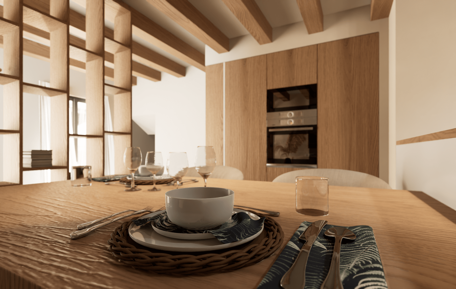 Projet de rénovation d'un appartement avec une table en bois dans une salle à manger contemporaine avec des éléments en bois. Agencement sur mesure.