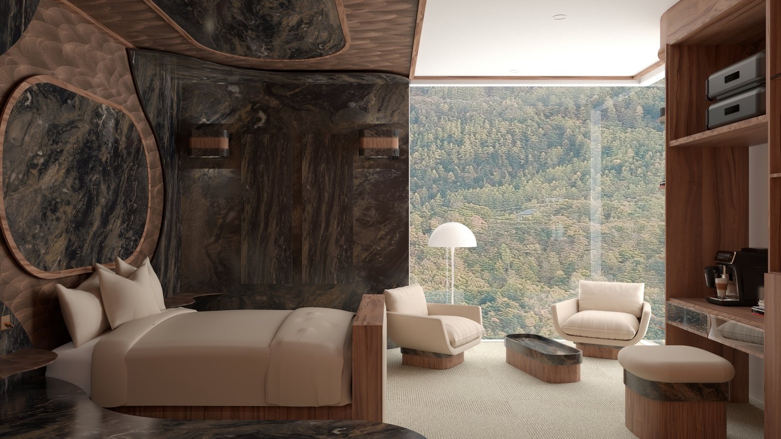Salon avec canapé blanc, fauteuils, lampe de lecture et grande fenêtre avec vue sur une forêt.
