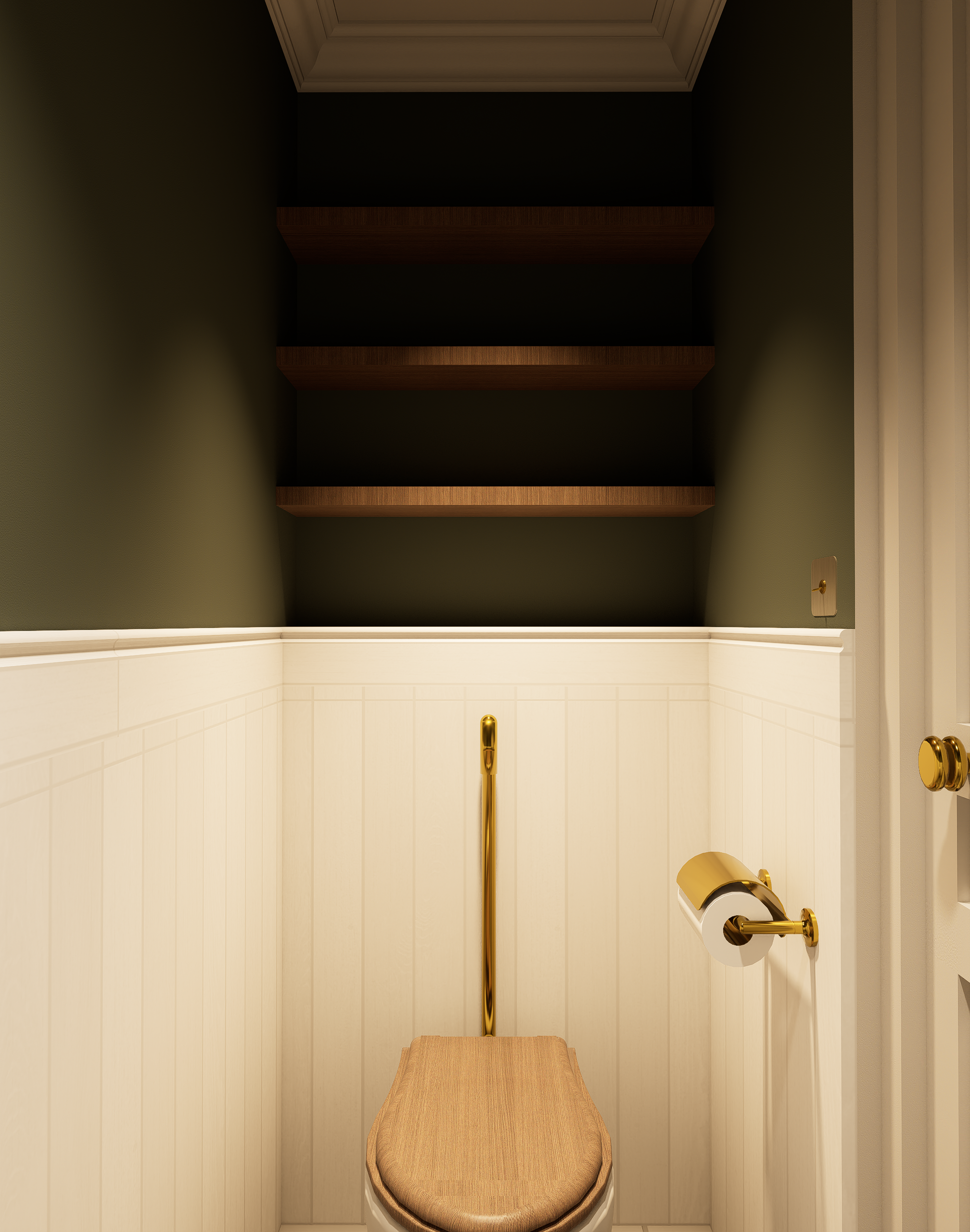 Rénovation haut de gamme d'une maison Anglaise avec WC avec des murs lambrissés blancs, un lavabo en façade blanche avec robinetterie en or et un miroir en partie visible. La pièce est bien éclairée avec un éclairage chaud. Agencement sur mesures
