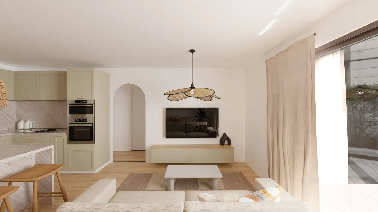 Rénovation haut de gamme d'un appartement à Valdahon avec salon moderne avec un canapé beige, une table basse en pierre, une télévision murale, des rideaux beige et une suspension design. Agencement sur mesure.