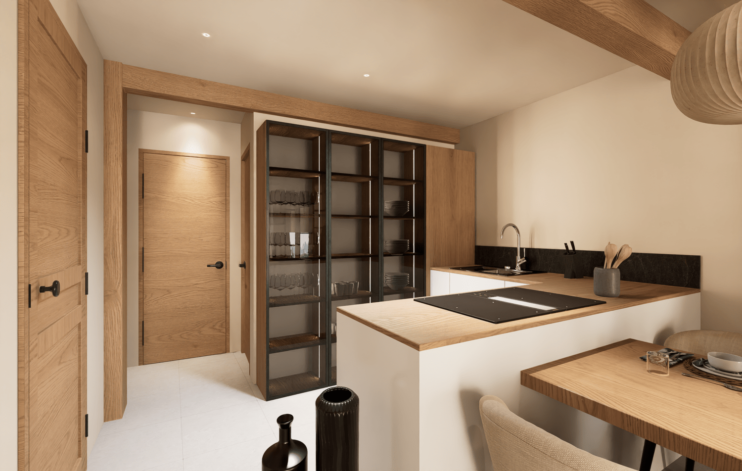 Projet de rénovation d'un appartement avec une cuisine moderne avec des armoires en bois, un évier en acier inoxydable, une table en bois et des suspensions en bois. Agencement sur mesure.