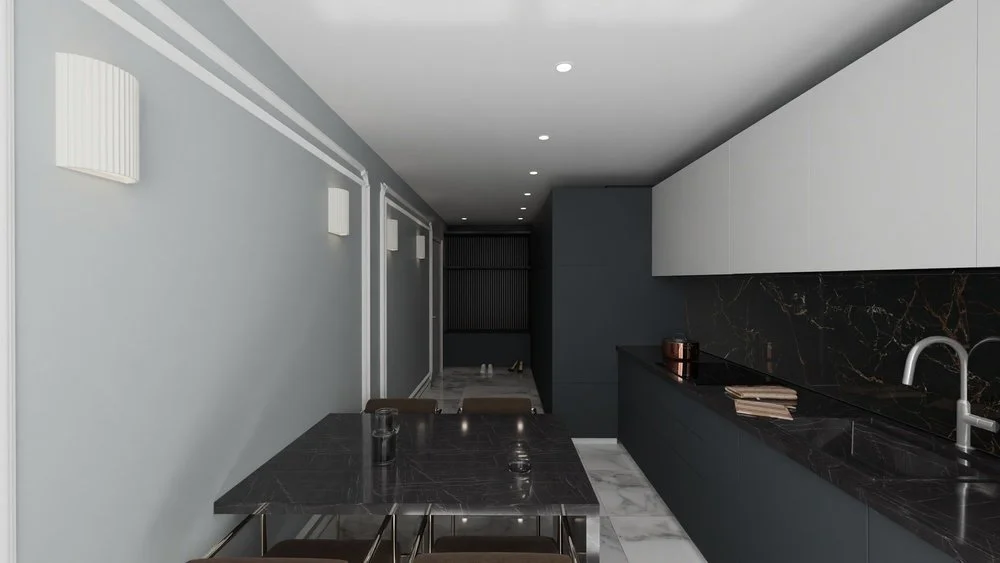 Rénovation d'un appartement en Moldavie avec cuisine moderne avec meubles hauts blancs, murs gris, plan de travail en marbre noir, appareils électroménagers, petite table, moulures. Agencement sur mesures.