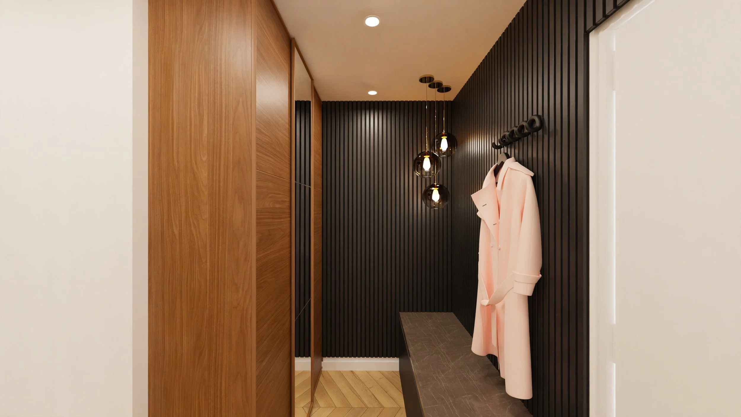 Rénovation haut de gamme d'un appartement avec une entrée avec un mur en bois clair et un mur en lamelles noires, avec un manteau rose suspendu et un éclairage moderne suspendu. Agencement sur mesures.