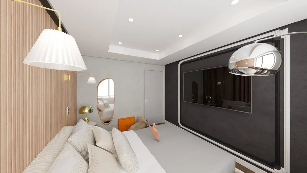 Rénovation d'un appartement en Moldavie avec une chambre moderne avec un mur en bois vertical, un lit blanc, une grande fenêtre laissant entrer la lumière naturelle et une lampe en arc argentée. Agencement haut de gamme sur mesure.