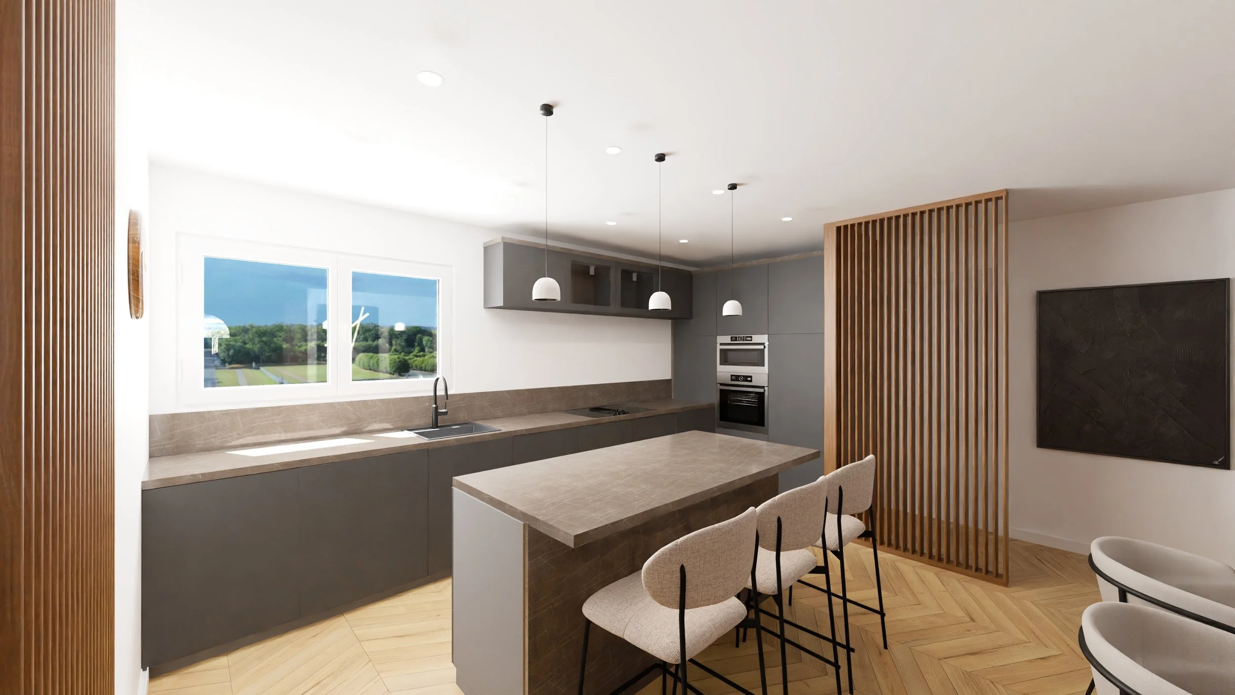 Rénovation haut de gamme d'un appartement avec cuisine moderne avec une table à manger et des chaises, décoration minimaliste, œuvres d'art, étagère en bois avec des livres, éclairage suspendu moderne. Agencement sur mesures.