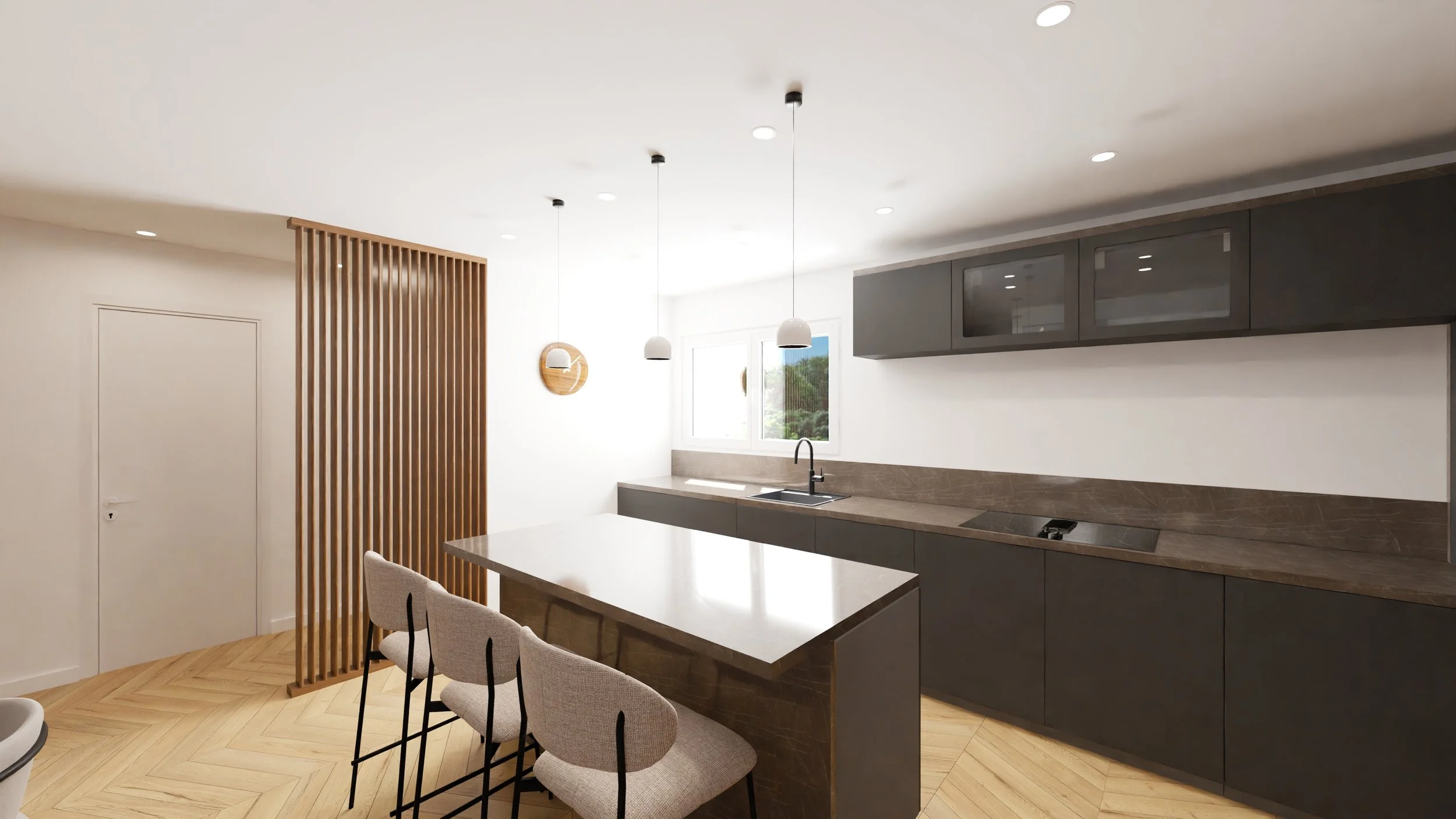Rénovation haut de gamme d'un appartement avec cuisine moderne avec une table à manger et des chaises, décoration minimaliste, œuvres d'art, étagère en bois avec des livres, éclairage suspendu moderne. Agencement sur mesures.